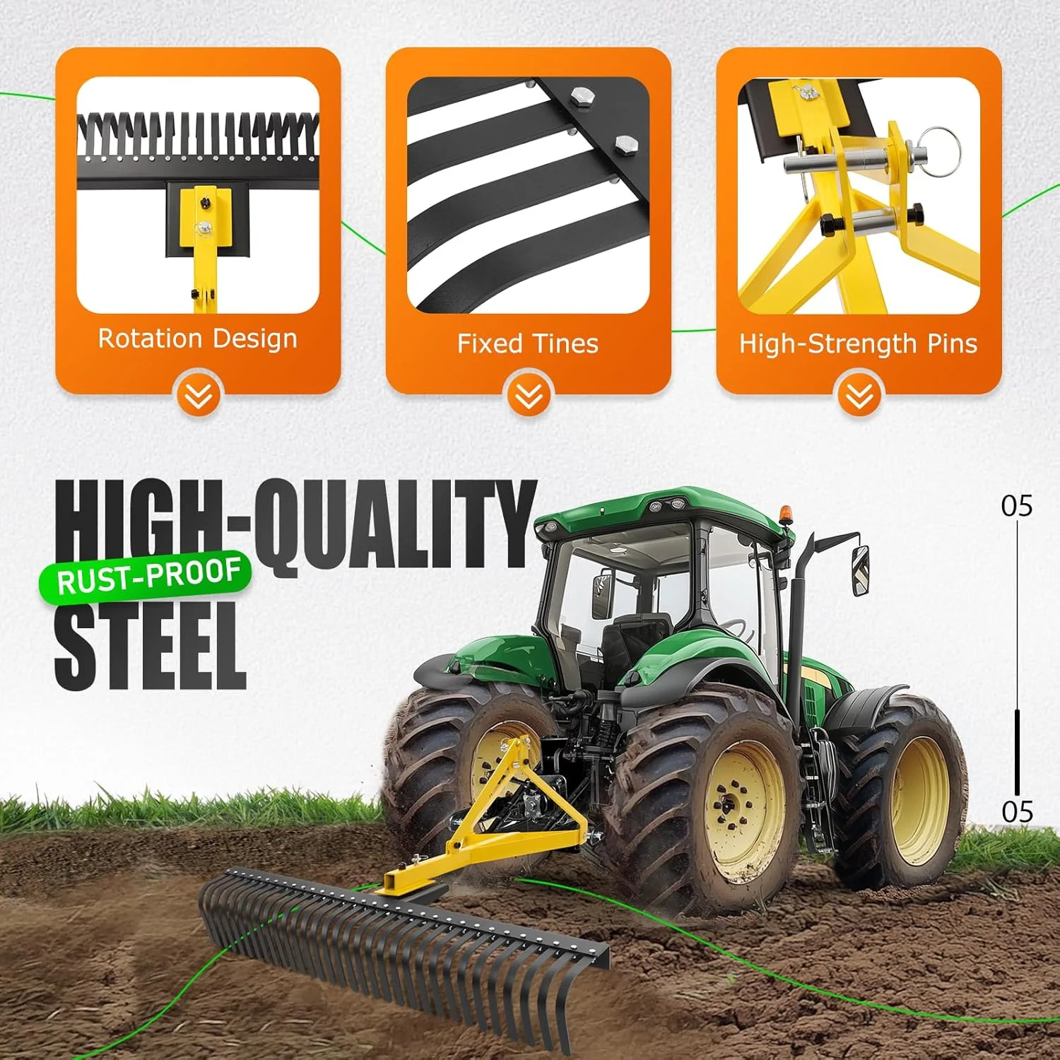 60In Landscape Rake 3 Point Rake 360 Degree Rotation Compatible with Category 1 Cat1 Compact Tractors Tow-Behind Garden Tool for Garden Farm Clearing Brush Raking Arenas 2 Package Yellow - Image 8