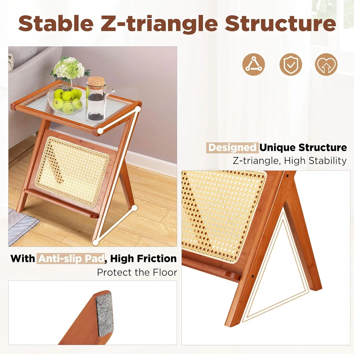 AECOJOY Rattan Side Table Set of 2, Rattan End Table Z-Shaped Boho Nightstand with Glass-top