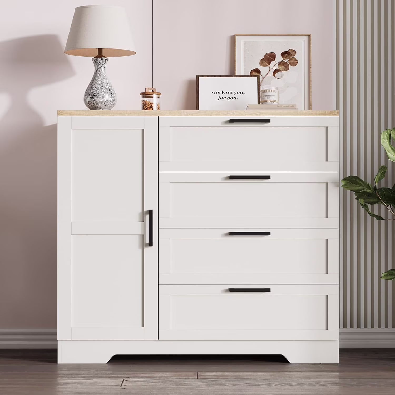 43.3" H Armoire Wardrobe Closet with 4 Drawers Hanging Rod, Multifunctional Wood Storage Cabinet for Bedroom, Natural Oak(Natural Oak) - Image 3