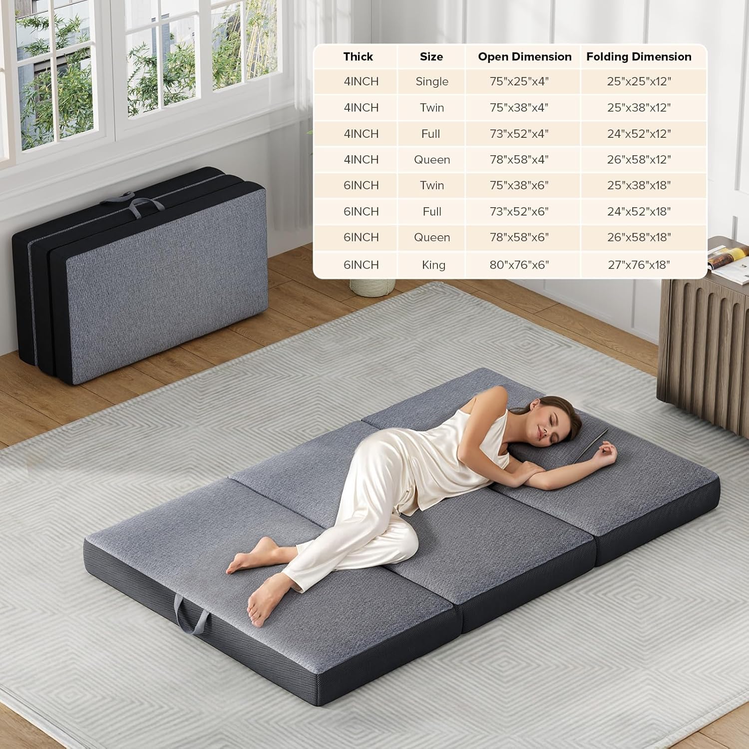 Trifold Mattress Queen Size 6 Inch - Foldable Memory Foam Mattress for Camping, Travel, RV, Guest Bed & Yoga - No Slip Bottom, Washable Cover with Handles - Portable Folding Floor Cushion 78
