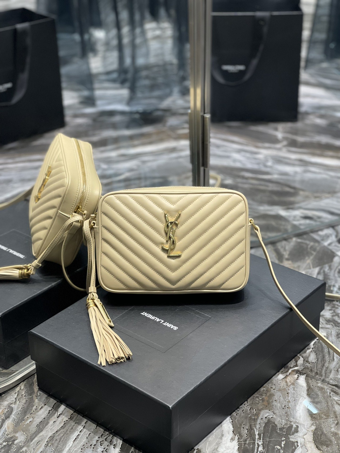 Y Lou Camera Bag Beige With Gold Toned Hardware