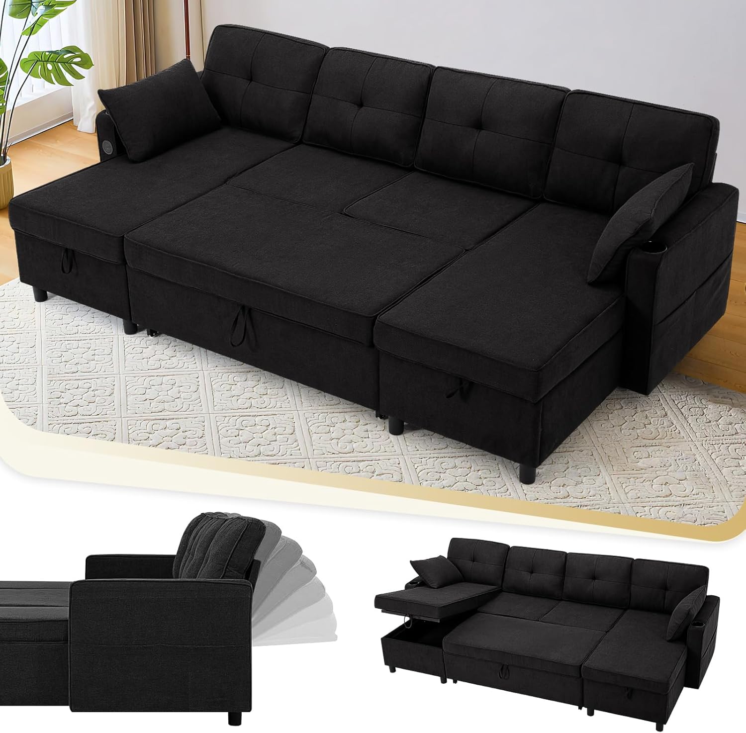 ACMEASE110“ U-Shaped Pull Out Sofa Bed w/Storage Chaise & Adjustable Back, Chenille Sectional Sofa w/USB Port,Tufted Sleeper Couch w/Cup Holders for Living Room, Black