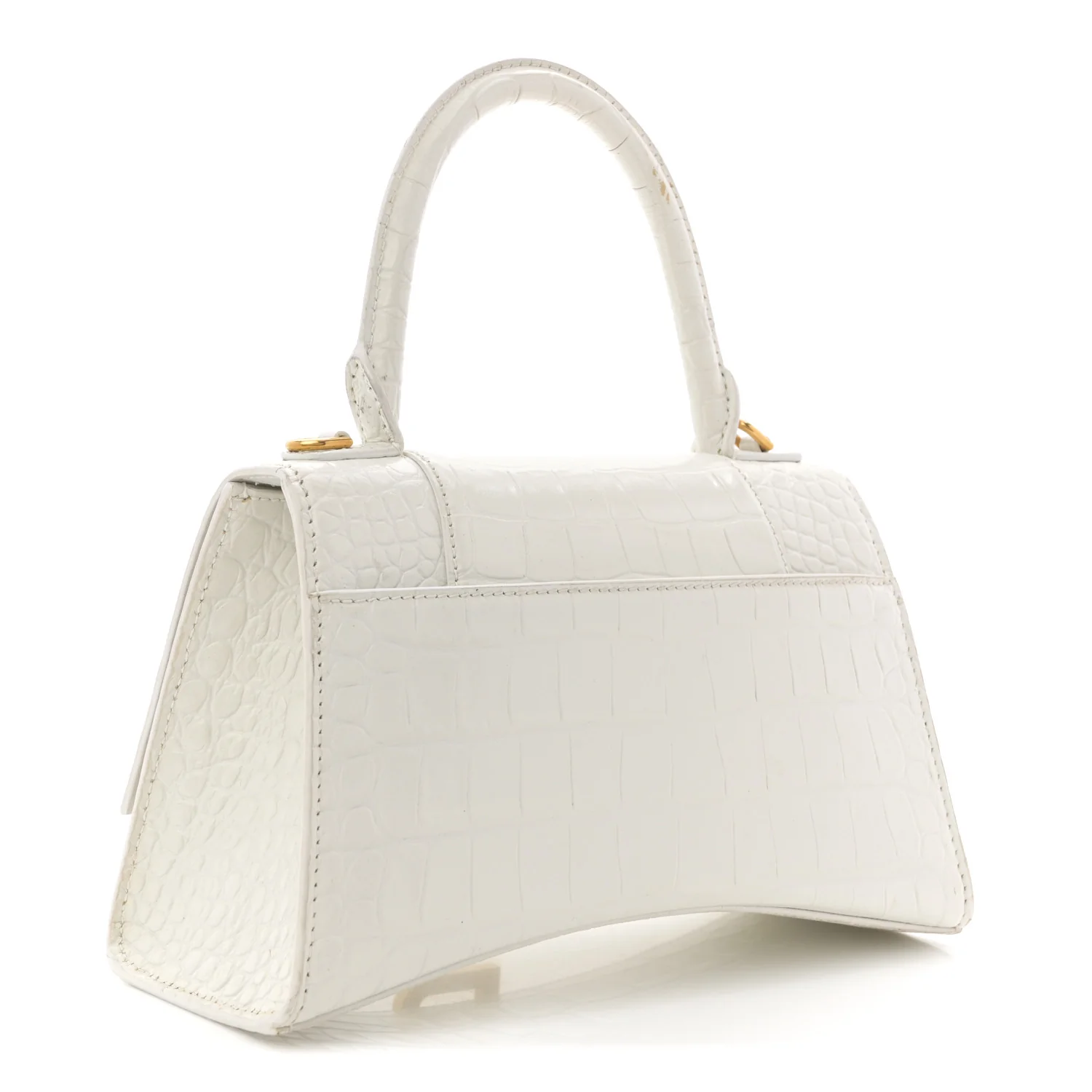 Calfskin Crocodile Embossed Small Hourglass Top Handle Bag White