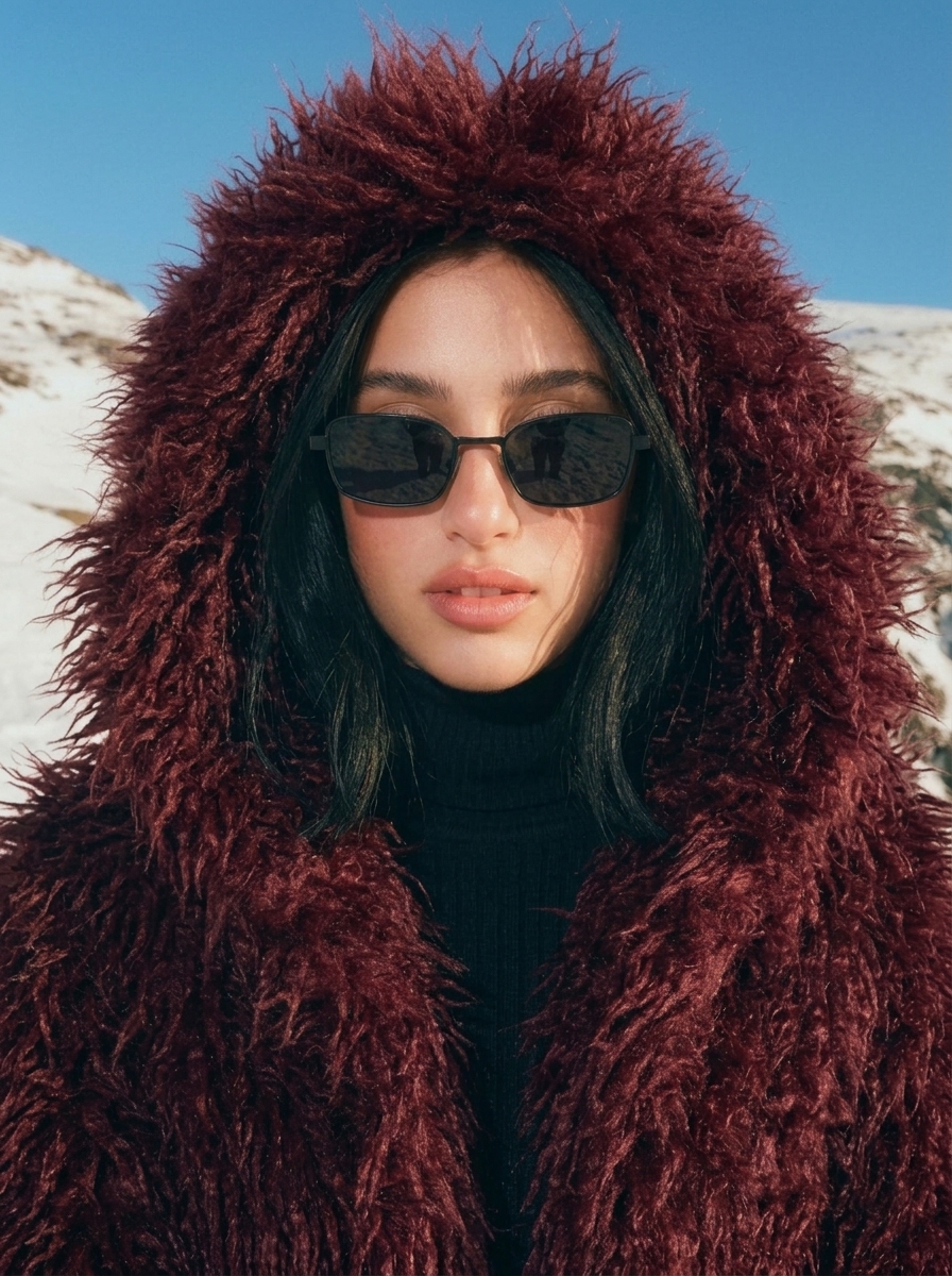 Stanetco Women's Cropped Burgundy Faux Fur Hooded Jacket - Fluffy Winter Shaggy Coat, Trendy Warm Plush Outerwear