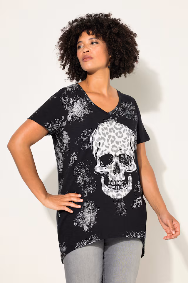 Half-Sleeve V-Neck Leopard Print Skull T-Shirt