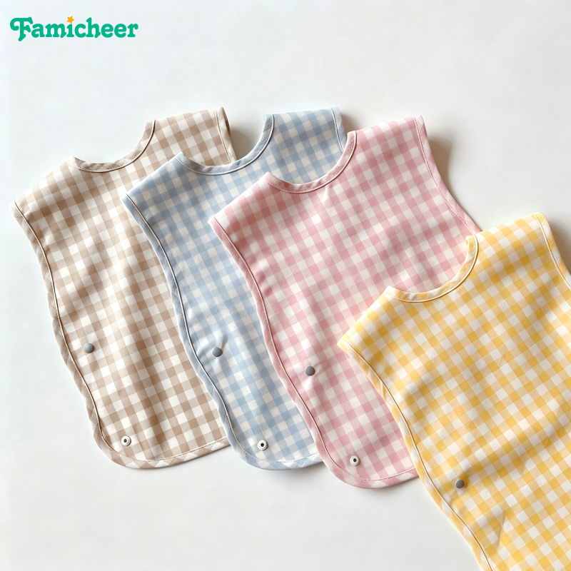 Waterproof Coated Fabric Infant Bib Gingham Plaid Sleeveless Design Detachable Crumb Catcher Baby Bib for Baby Self Feeding Time