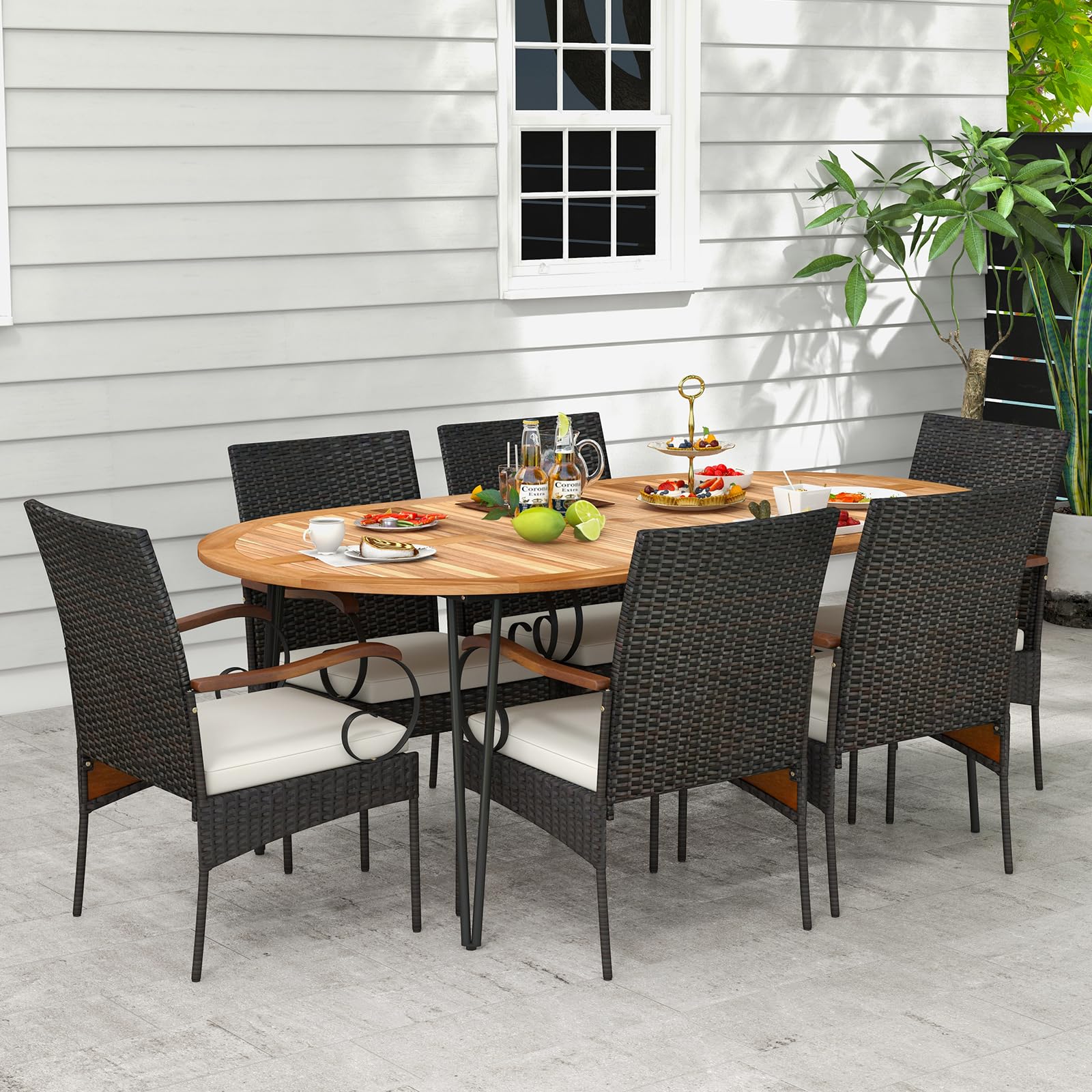 Tangkula 9 Pieces Patio Rattan Dining Set, Outdoor Oval Acacia Wood Dining Table and Wicker Armchairs Set with Umbrella Hole