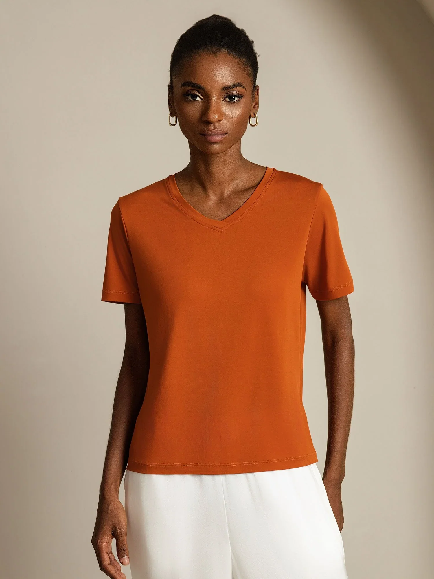 Pure Silk V Neck Short-Sleeve Snag-Resistant Women's T-Shirt