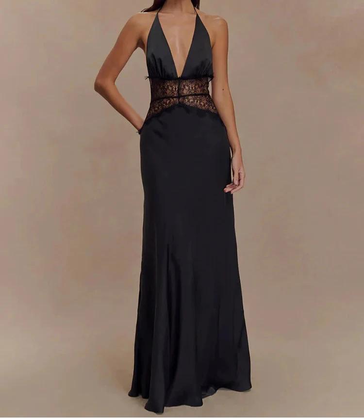Robe Maxi Dos Nu à Panneaux en Dentelle et Col Halter