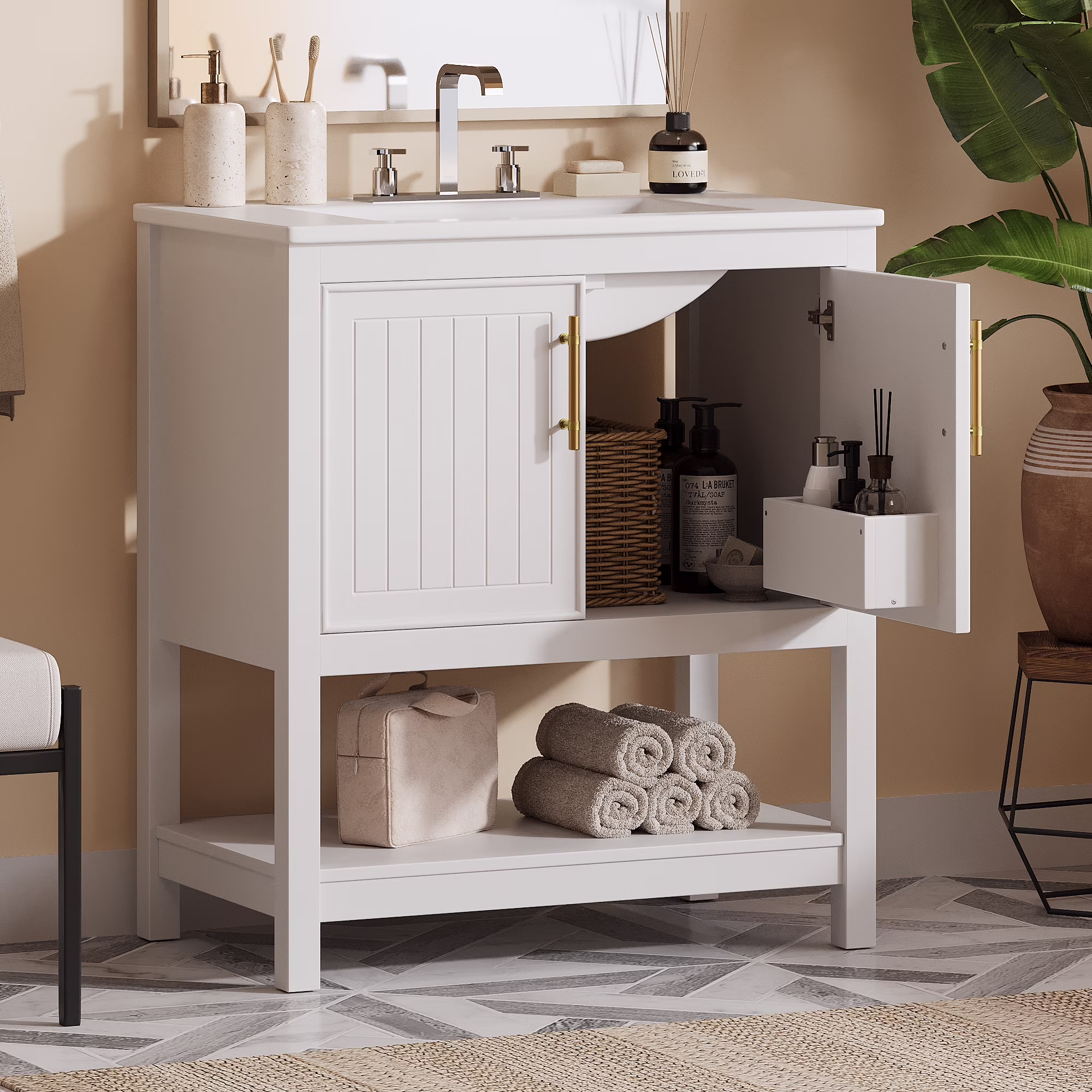 30-Inch White Bathroom Vanity with Ceramic Sink and Versatile Storage Ideal for Small Bathrooms, White(White)