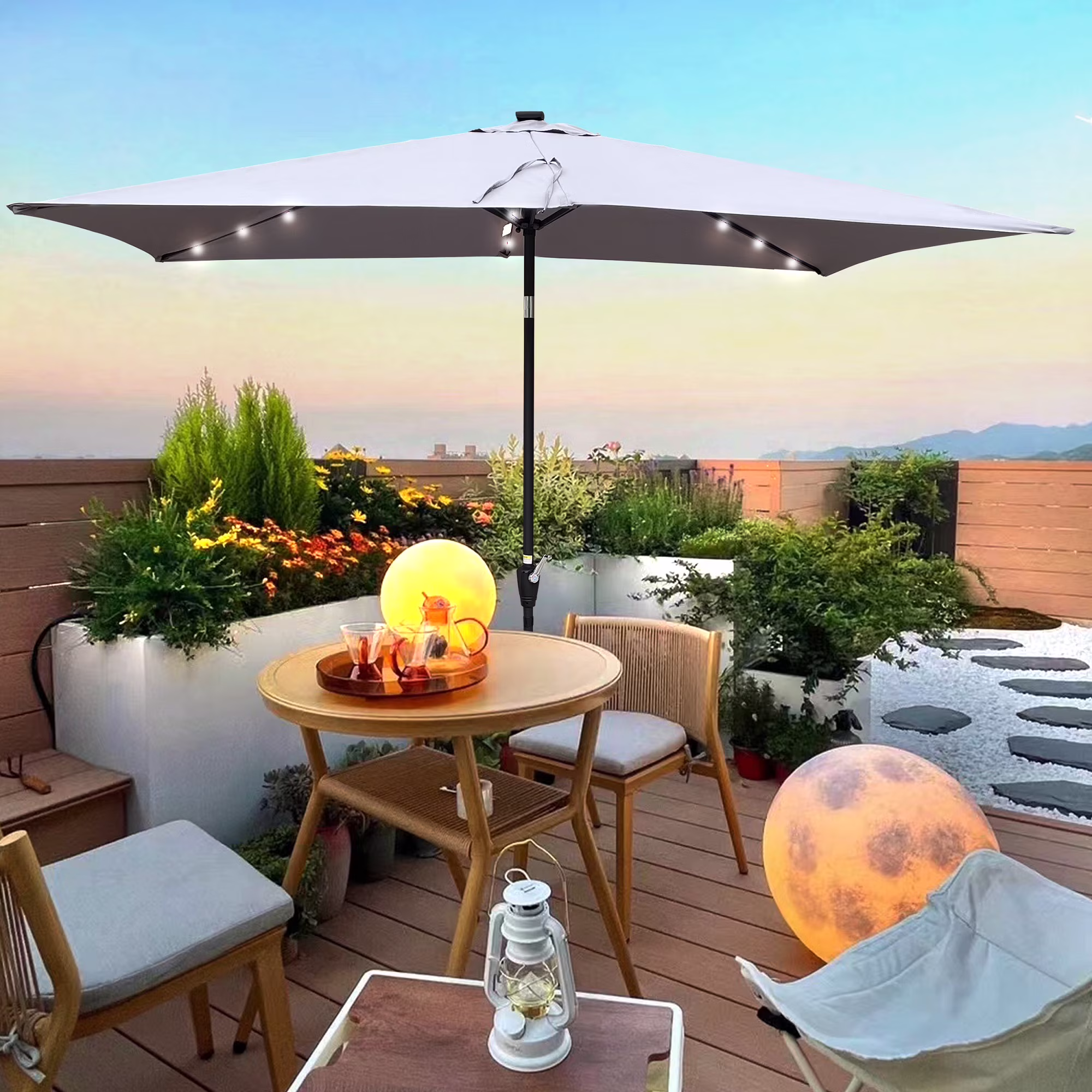 CITYLE Outdoor Table Patio Umbrella, 10 x 6.5t Rectangular Patio Solar LED Lighted, Fade Resistant Waterproof Canopy Outdoor Umbrellas with Crank and Push Button Tilt for Garden Backyard, Light Grey