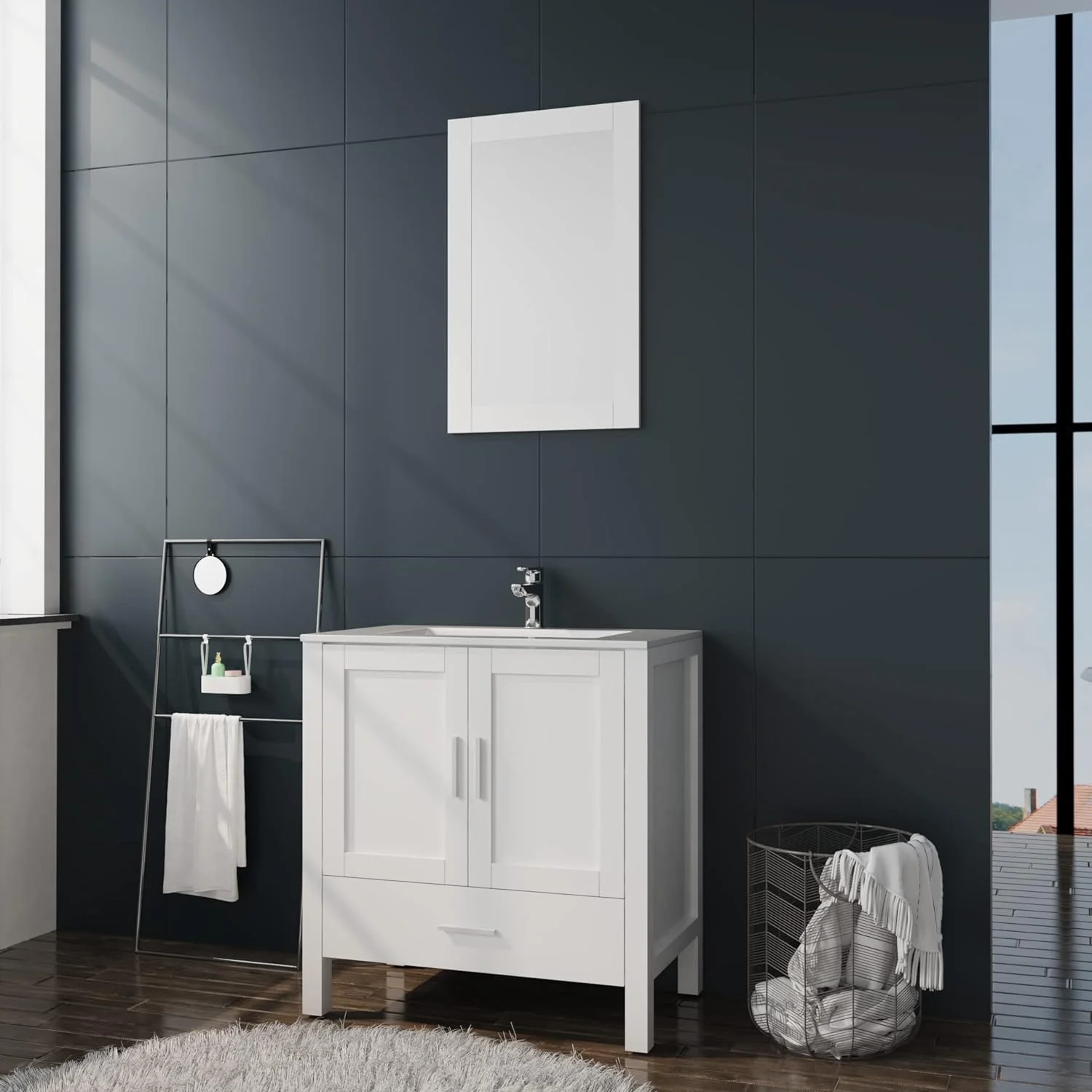 30" White Bathroom Vanity and Sink Combo Modern Drop in Sink Bathroom Cabinet with Mirror and Drain(White) - Image 2