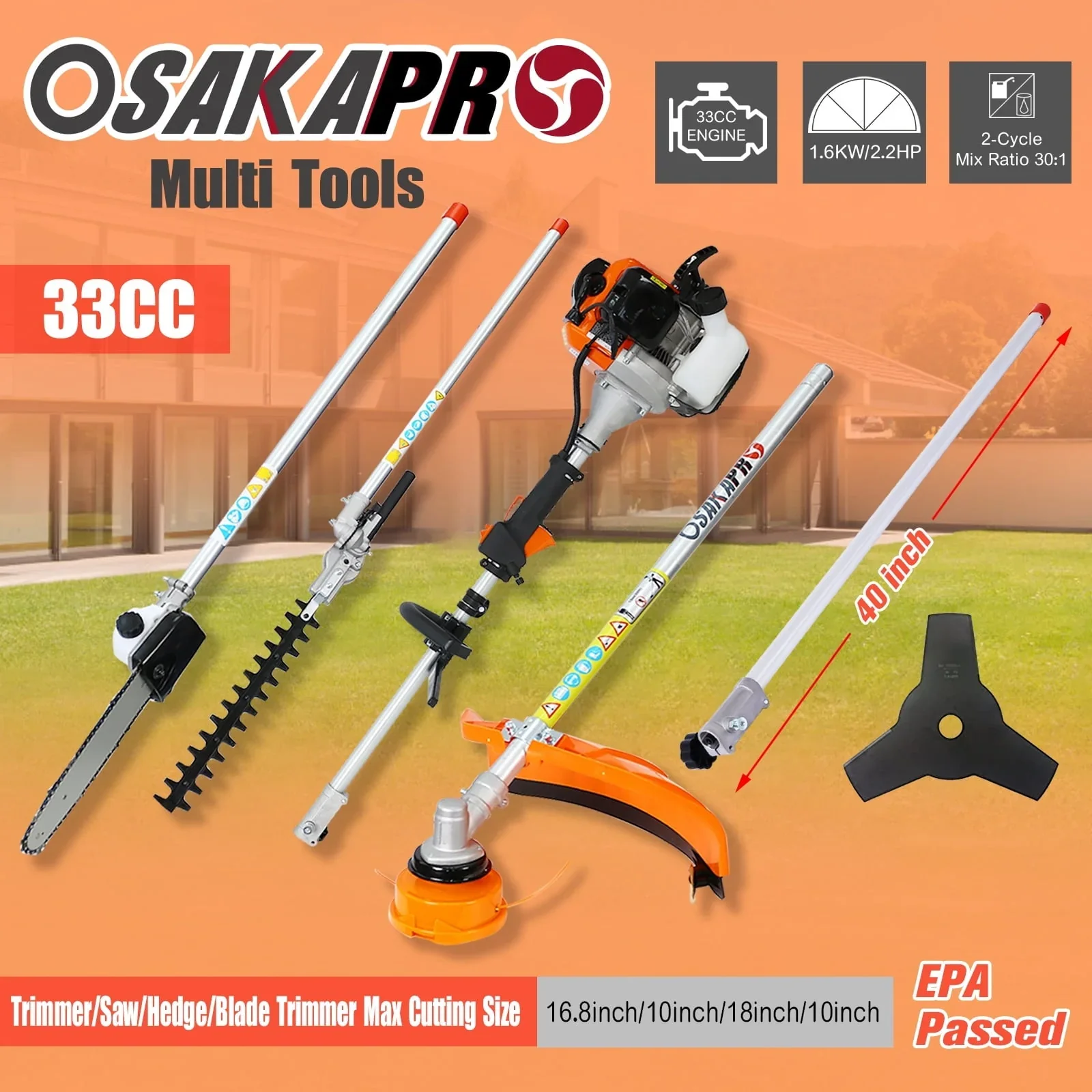 Docooler 10 in 1 Multi-Functional  Tool, 33CC 2-Cycle Garden Tool System with Gas Pole Saw, Hedge Trimmer, Grass Trimmer, and Brush  EPA Compliant