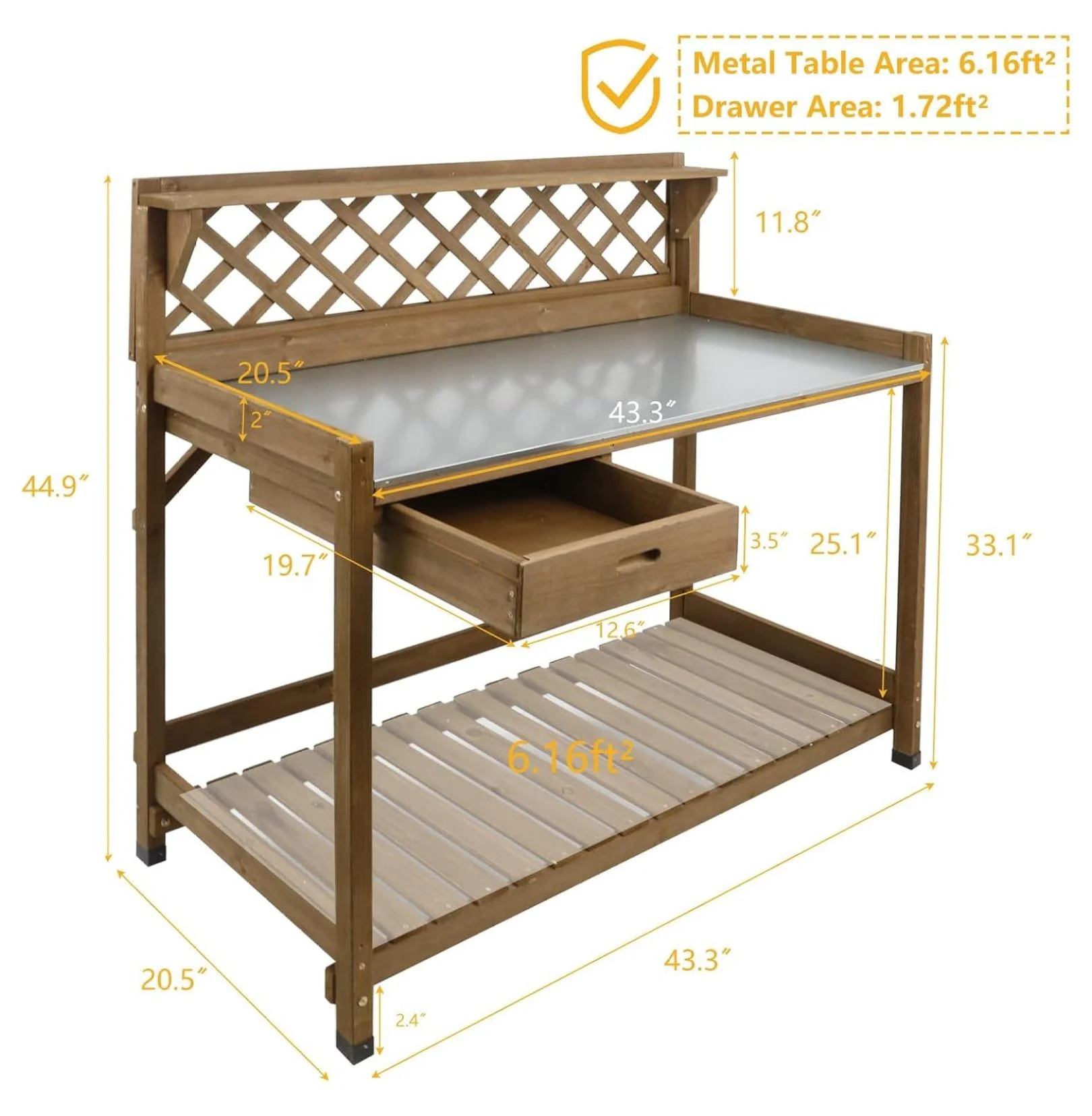 Garden Potting with Metal, Outdoor Potting Table Workstation Benches with Drawer/Storage Shelffir Wood Potting Station Work Table with Open Shelf, Lattice Back (Brown)