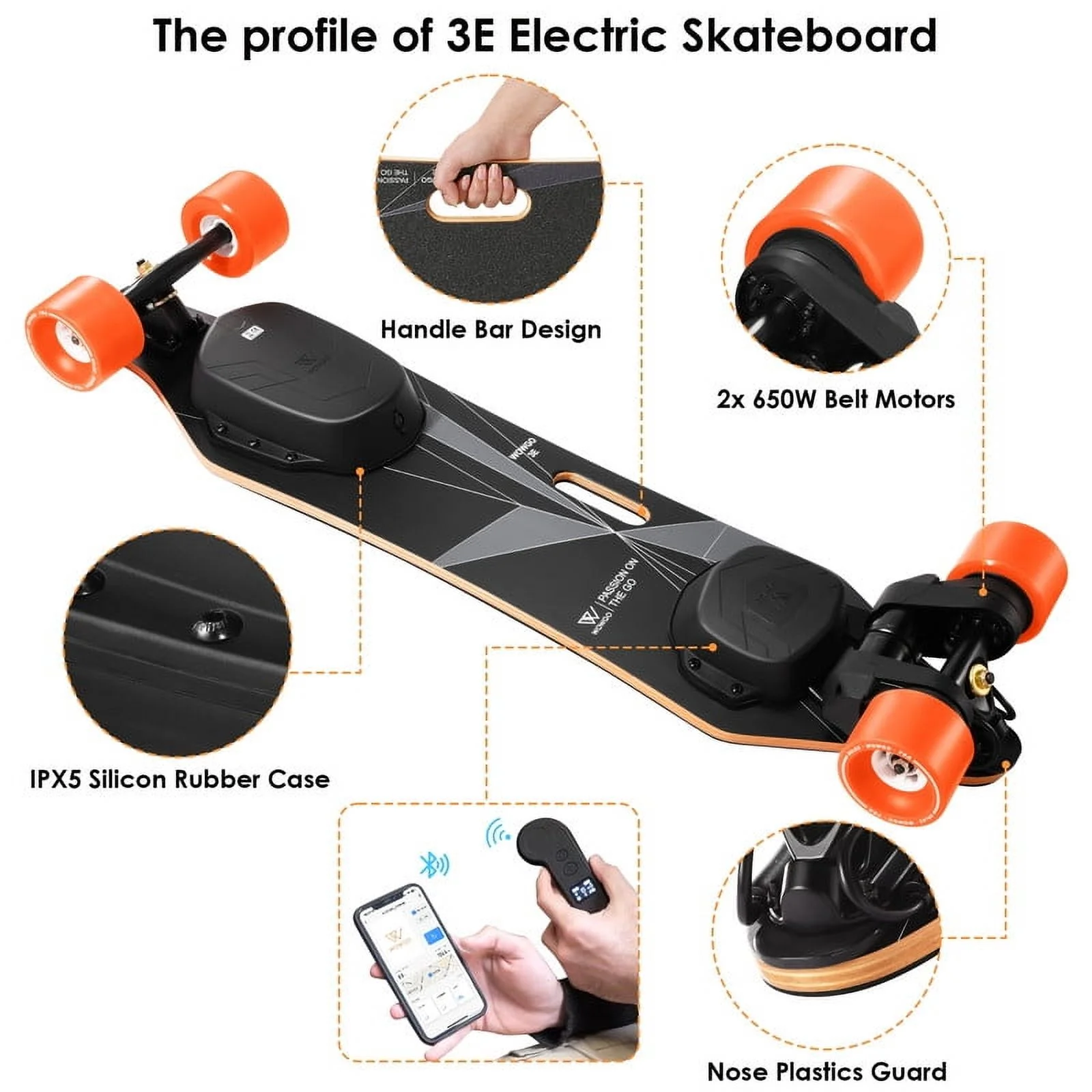 3E Electric Longboard Portable lightweight E Skateboard with Dual Motors Belt, Black, 330ib - Image 4
