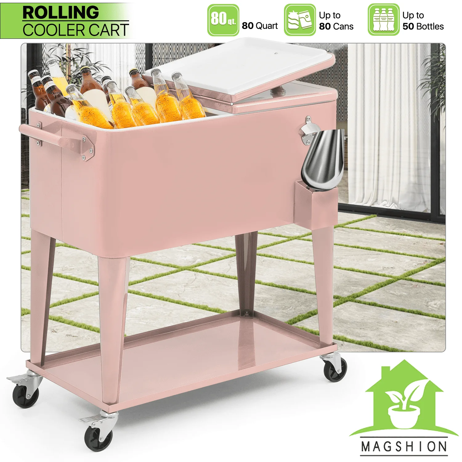 Magshion 80 Quart Rolling Cooler Ice Chest, Portable Bar Cold Drink Beverage Cart Tub, Backyard Cooler Trolley on Wheels with Ice Scoop, Catch Tray Bottle Opener, Pink(Black) Image 3