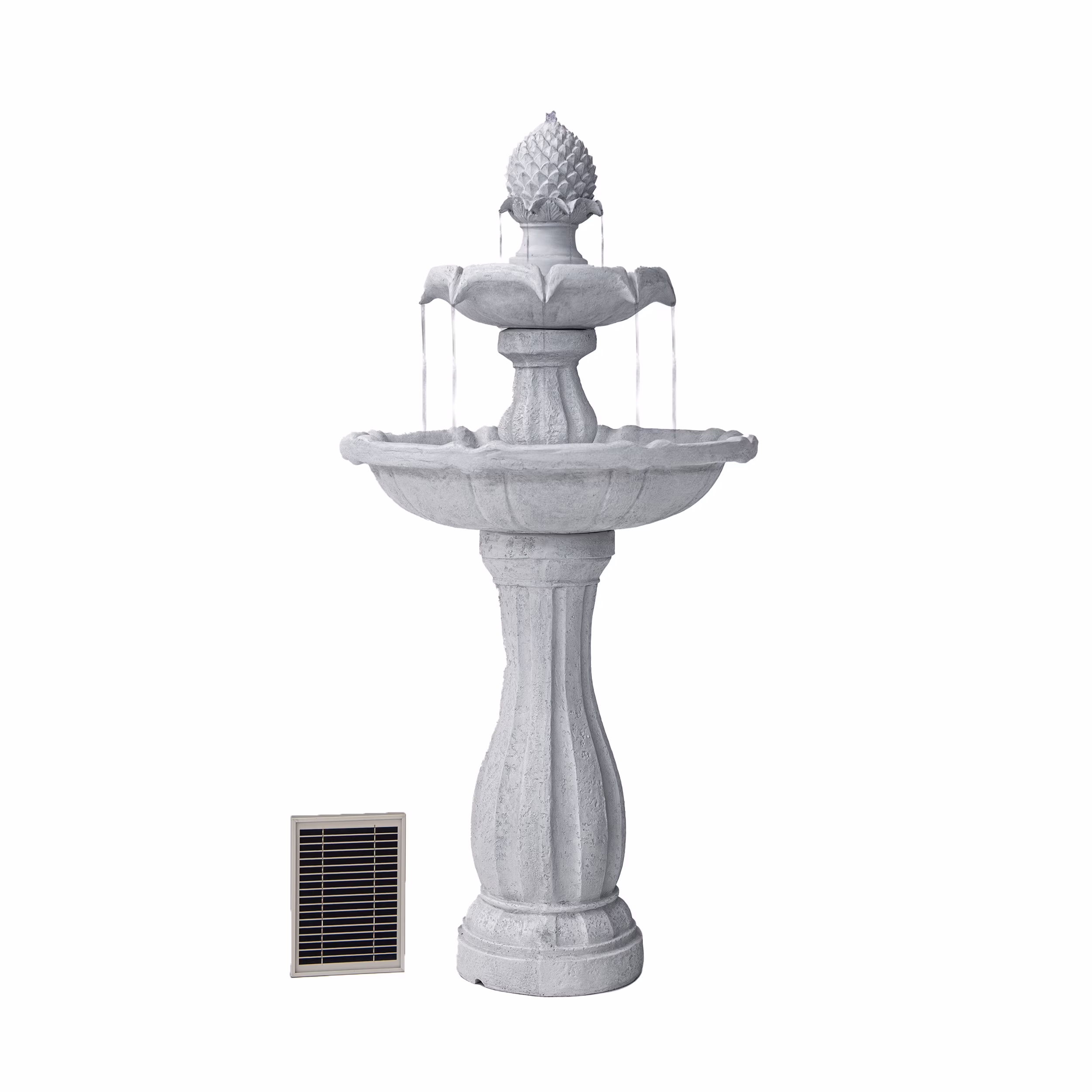 XBrand 44 H White Fiberglass/Resin 2-Tier Solar Water Fountain w/ Solar Panel and Auto-Shut Off Pump, Solar Garden Fountain, Tall Outdoor Fountain, Two Tiered Birdbath Fountain