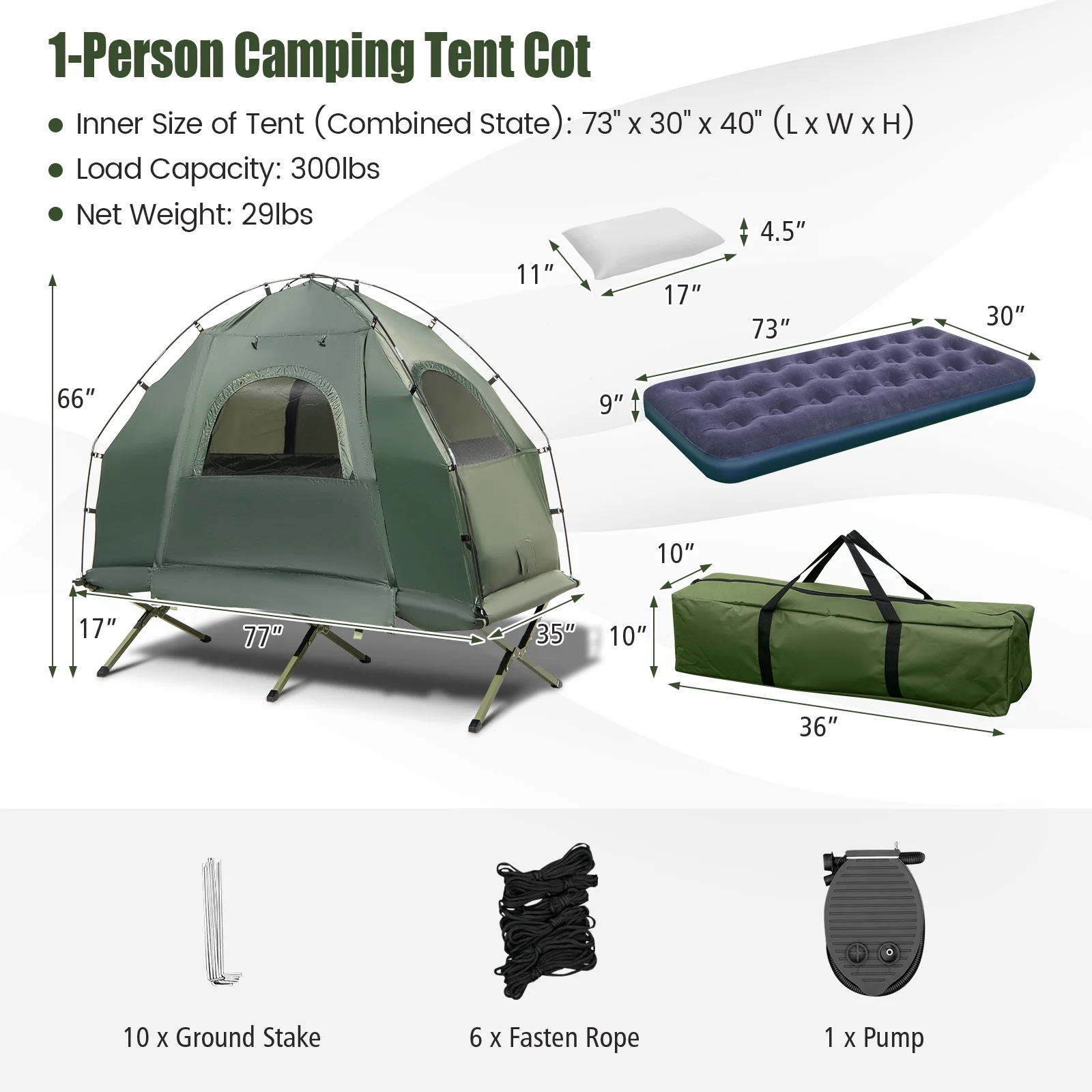 1-Person Folding Camping Tent Cot Portable Pop-Up Tent w/Sleeping Bag Air Mattress for Outdoor - Image 10