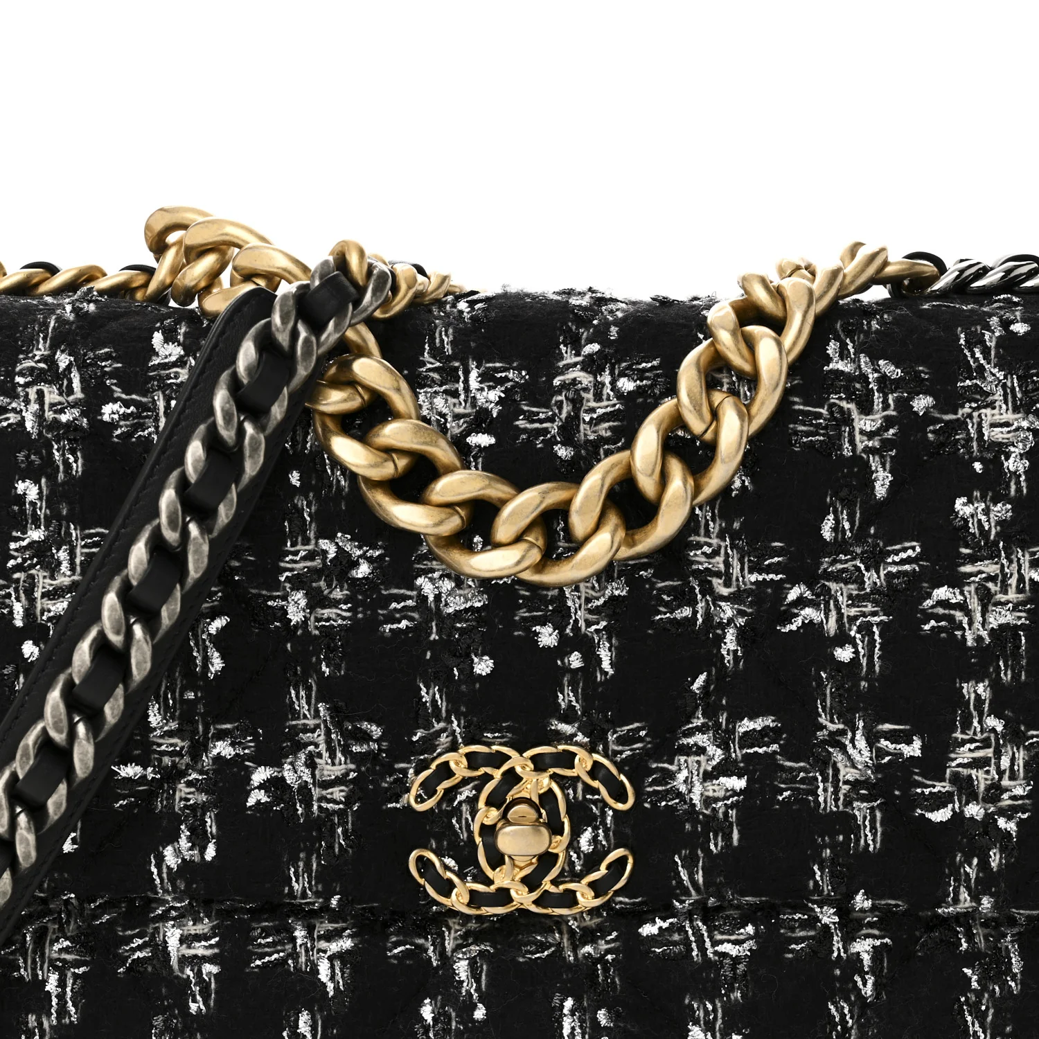 Tweed Quilted Large Chanel 19 Flap Black Silver Ecru