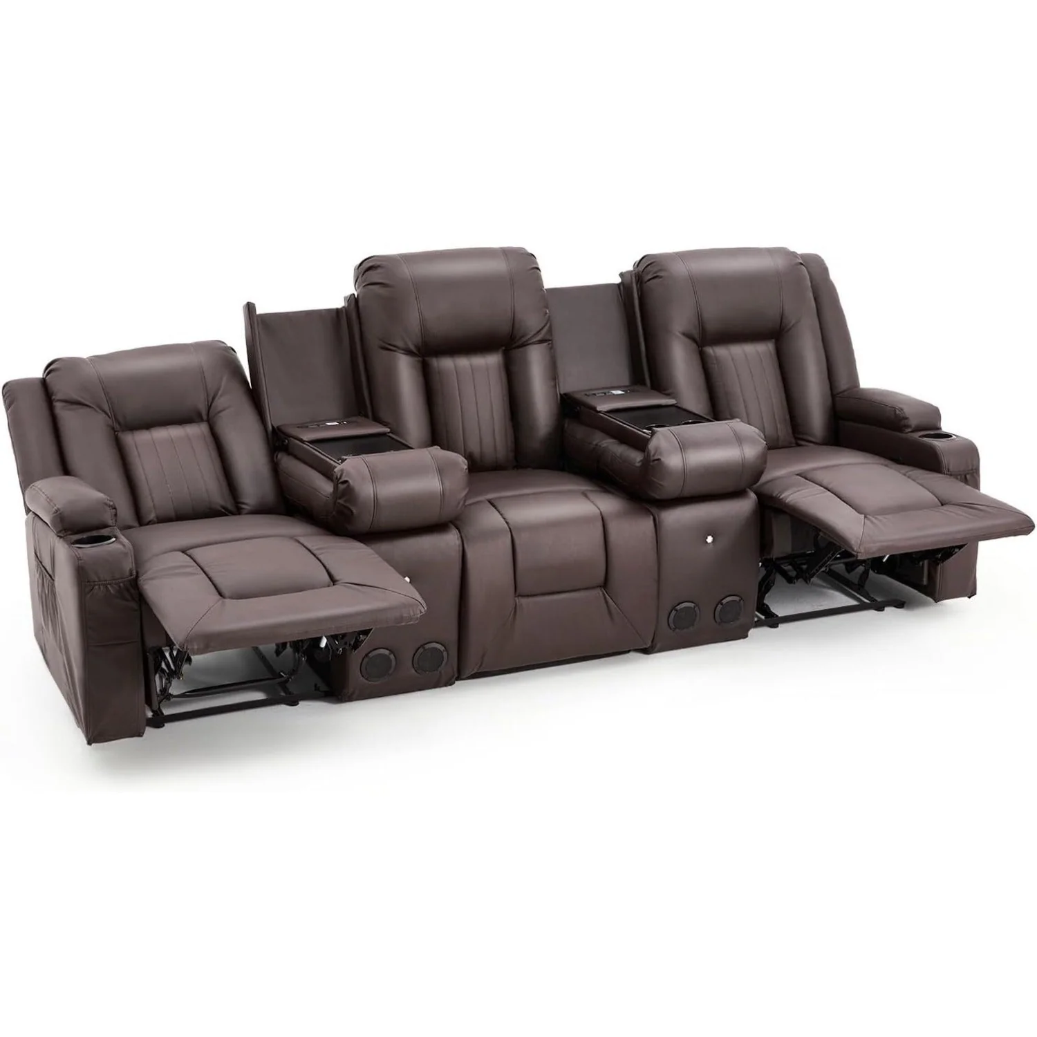 AECOJOY 3 Seater Recliner Sofa with 2 Console&Bluetooth Speakers, Brown