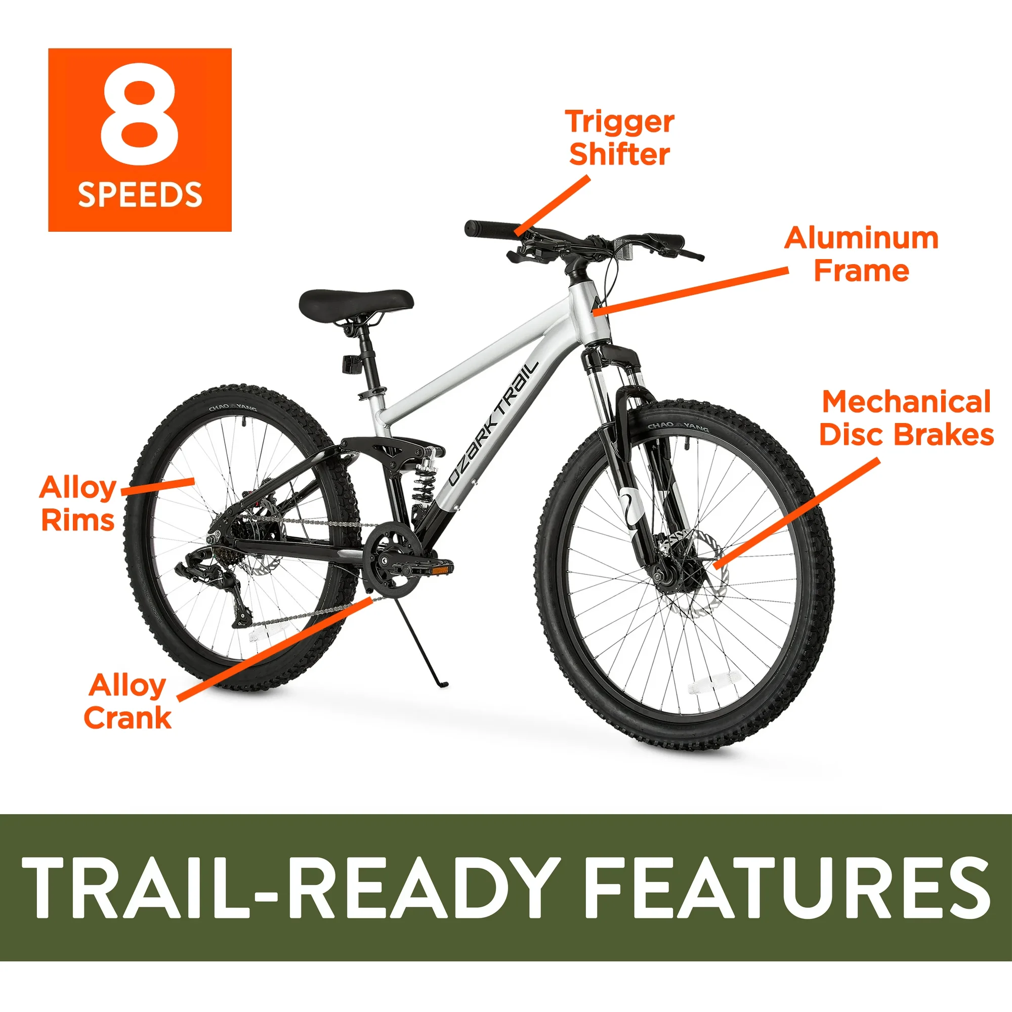 24" FS 1 Epictrail Full Suspension Mountain Bike, For Teens and Adults, Heights between 4'6" 5'6", Silver(White) Image 9