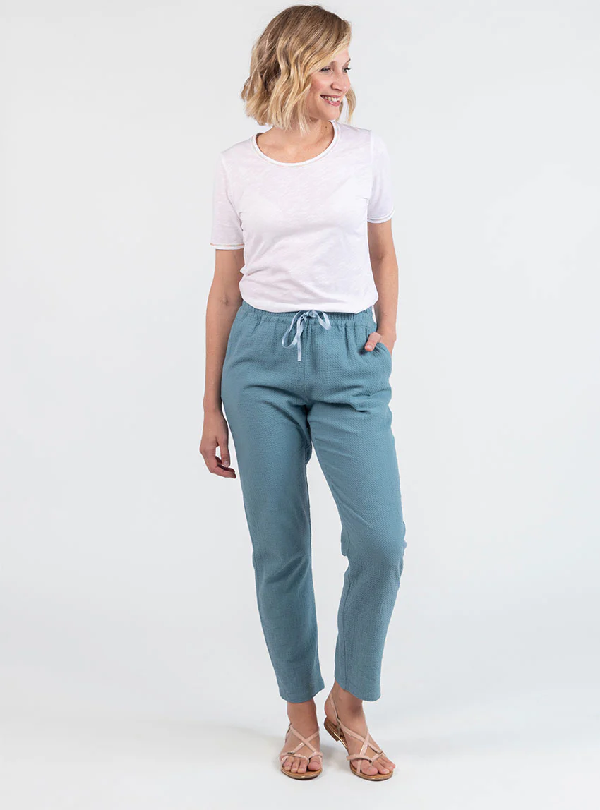 Pantalon femme coton gaufré vert littoral