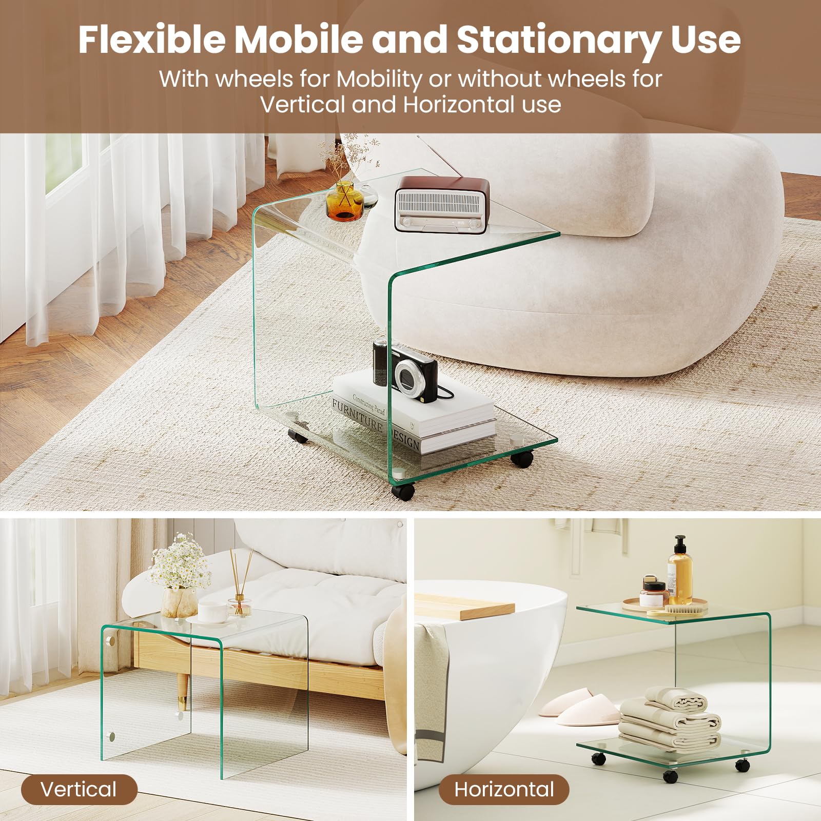 Tangkula Modern C-Shaped Tempered Glass Side Table