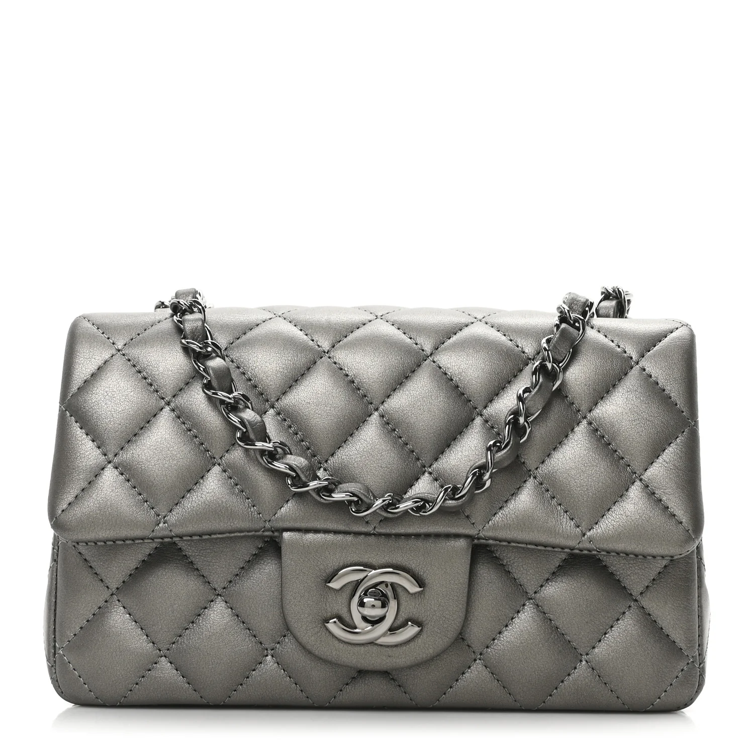 Metallic Lambskin Quilted Mini Rectangular Flap  Dark Grey