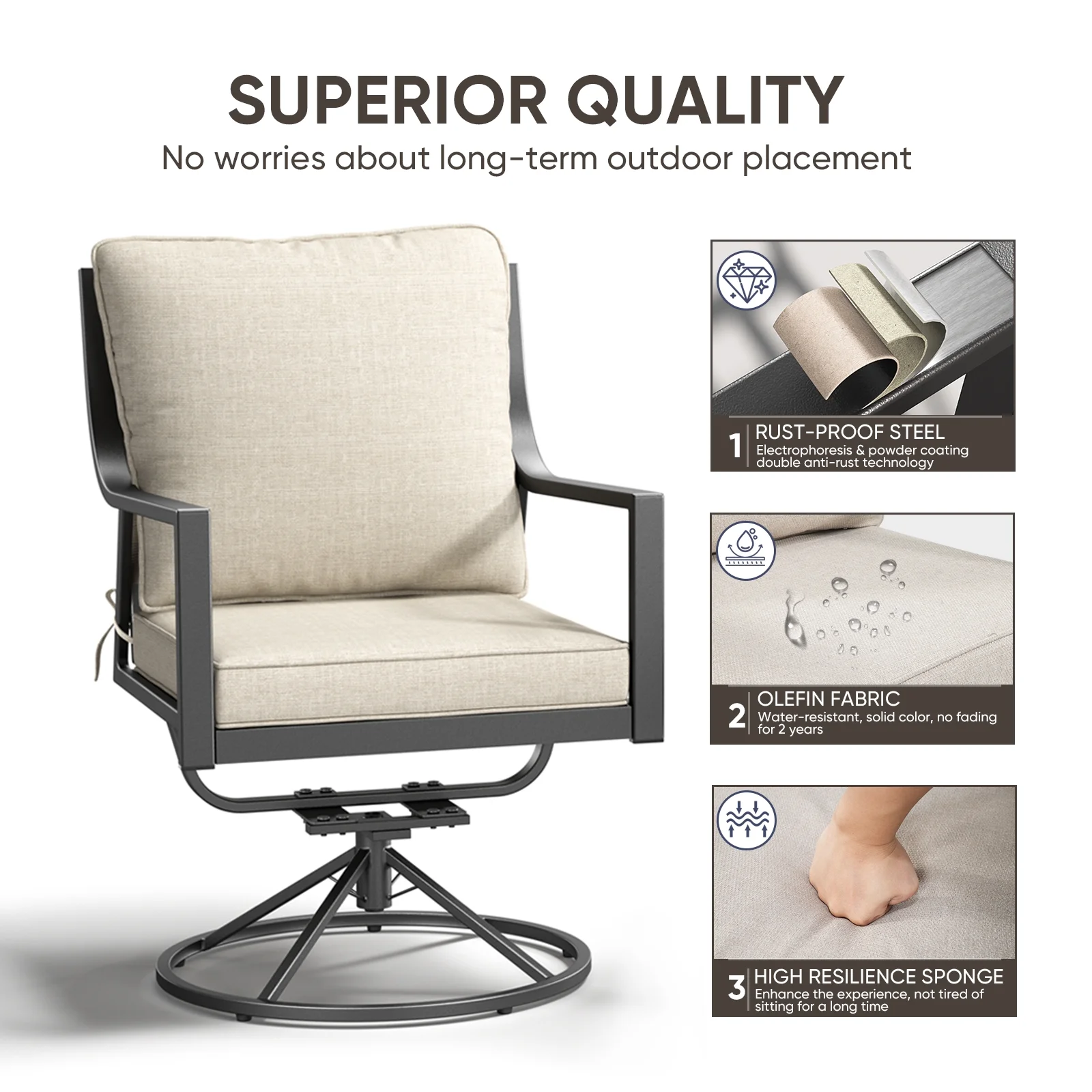 Swivel Rocker Patio Chairs Set of 4, Outdoor PE Wicker Dining Chairs with Beige Olefin Cushions and Gray Metal Frame, 360�� Swivel Rocking Motion for Garden Deck Porch(4 Pack) - Image 6