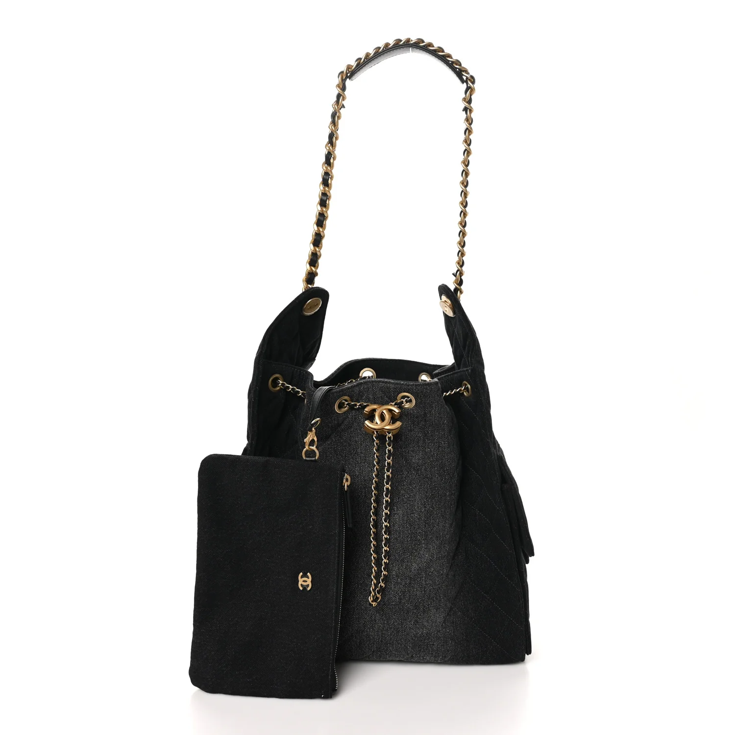 Washed Denim Quilted Medium Chanel 25 Handbag Black