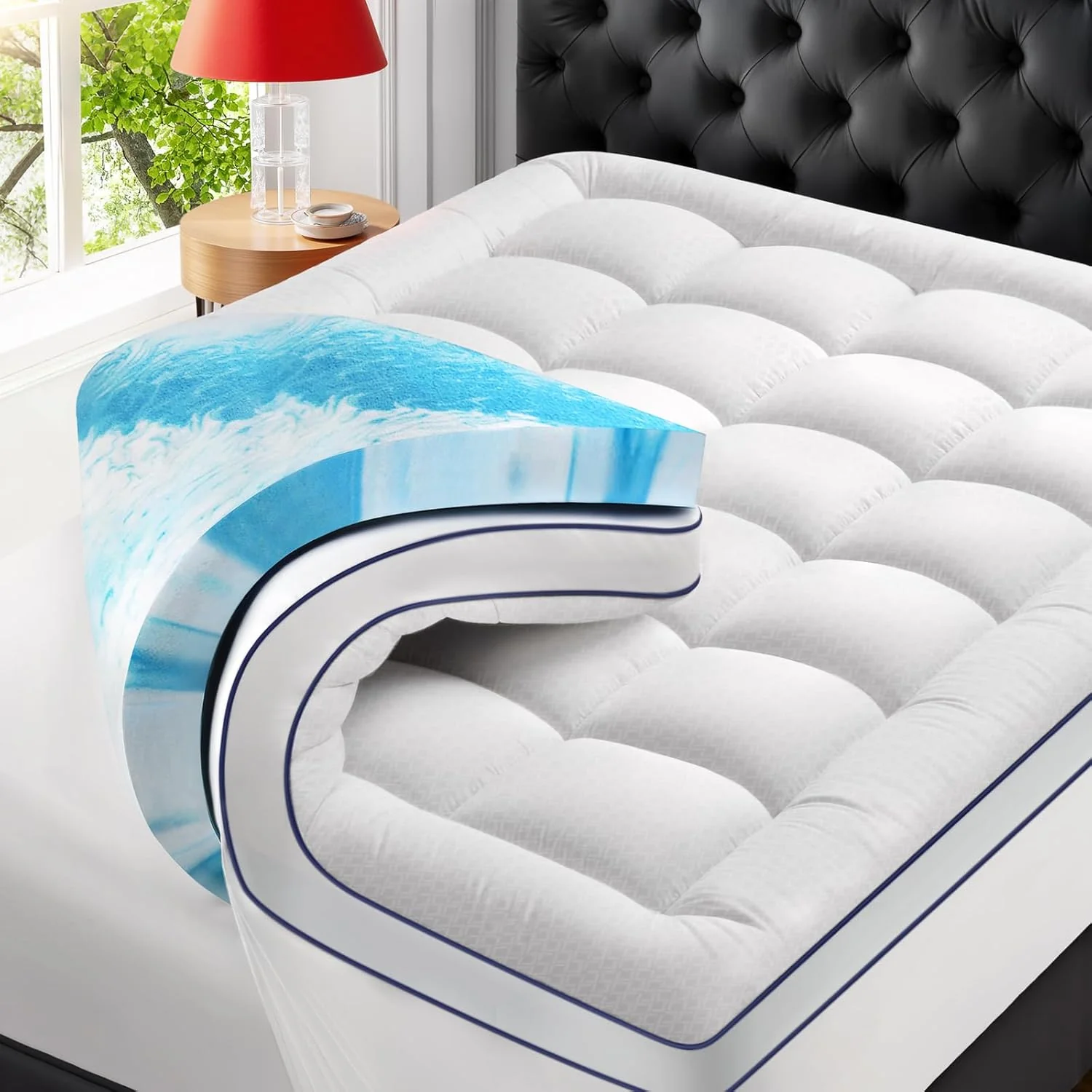 Surmatelas double couche premium de 10 cm en mousse à mémoire de forme, 5 cm en mousse à mémoire de forme imprégnée de gel et 5 cm d'épaisseur, pour un confort et un soutien exceptionnels et un soulagement optimal des douleurs dorsales.