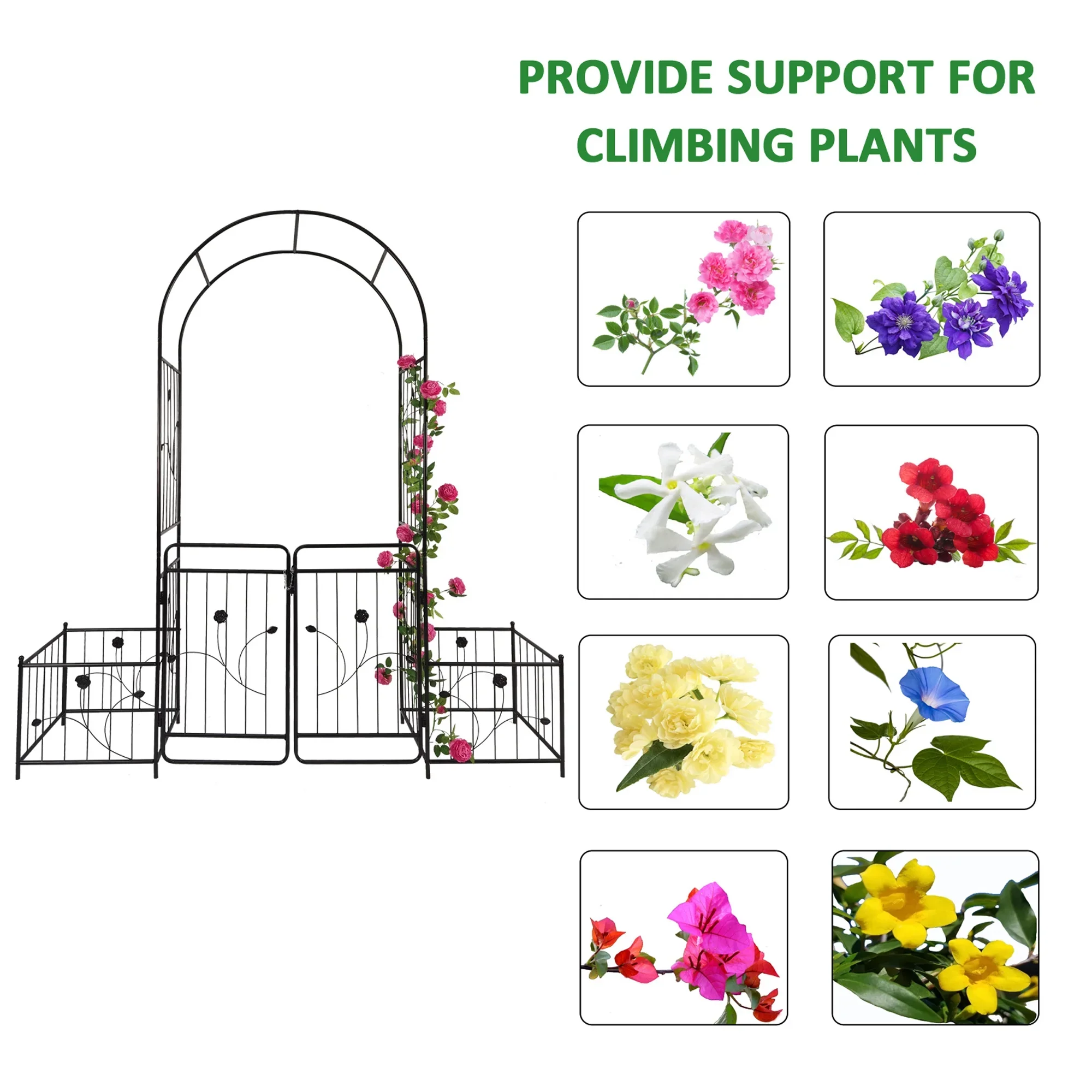 Miniyam Metal Garden Arch with Double Doors and 2 Side Planter Baskets, 79.5 W x 86.6, Black