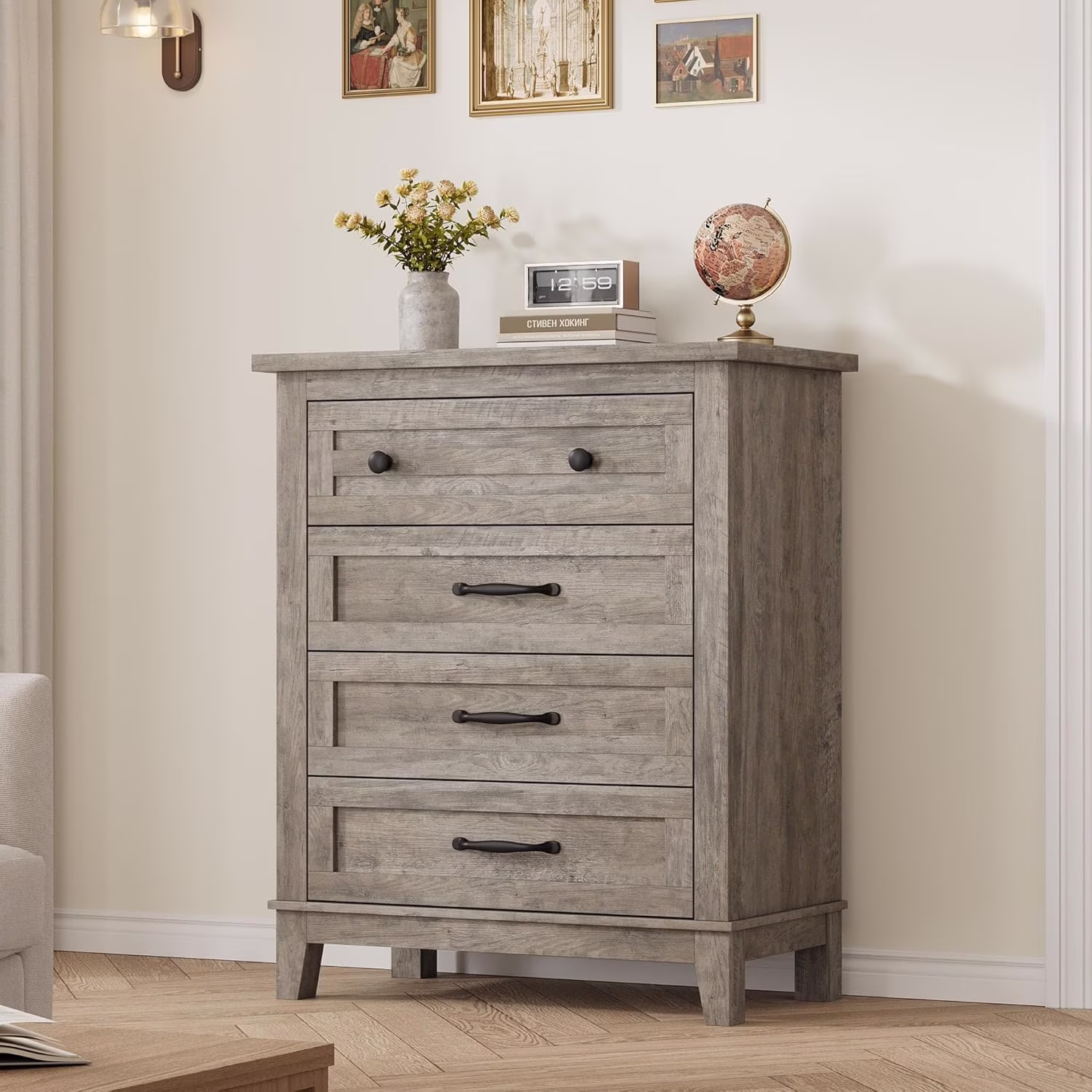 4 Drawer Dresser for Bedroom,34.8" Tall Bedroom Dresser with Large Drawer Black Handles,Wooden Storage Organizer Cabinet Chest of Drawer for Living Room,Hallway(Retro Gray)