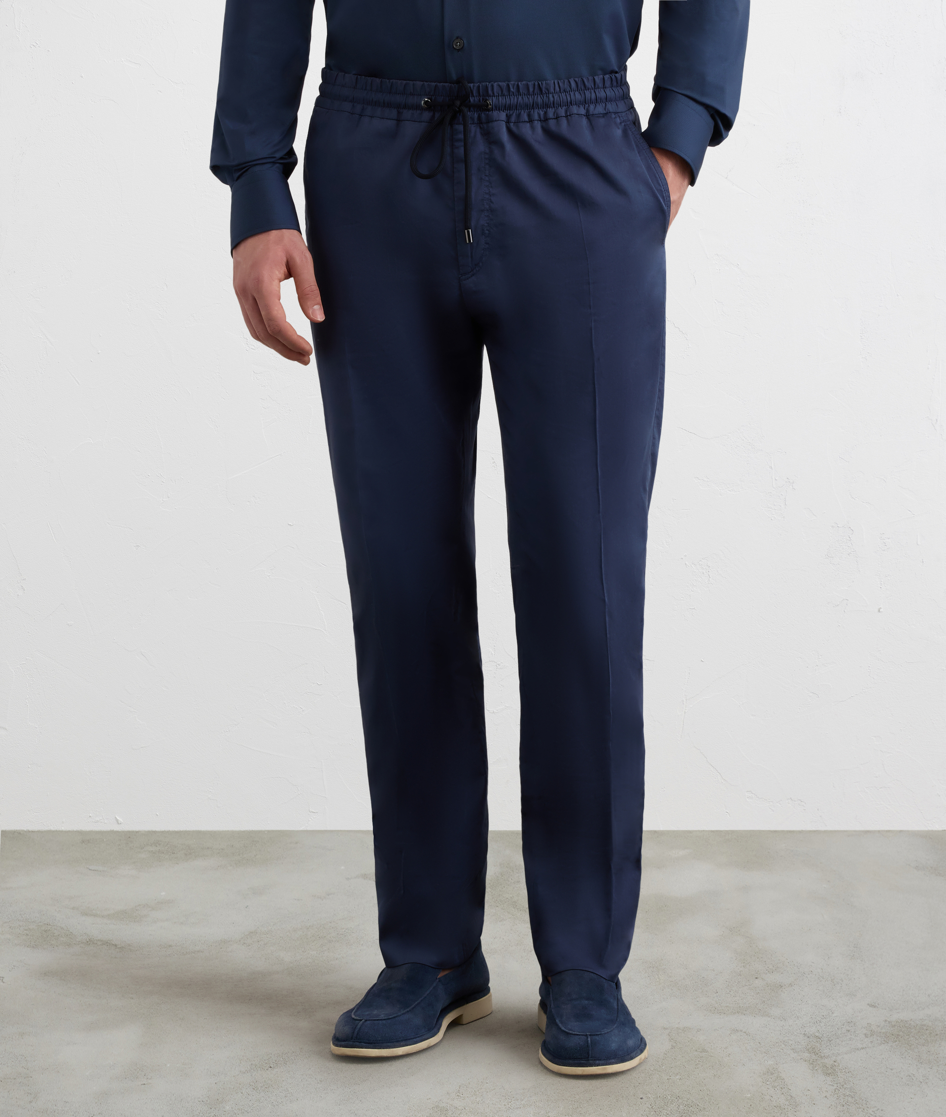 NAVY BLUE SOFT TOUCH COTTON POPLIN DRAWSTRING TROUSERS