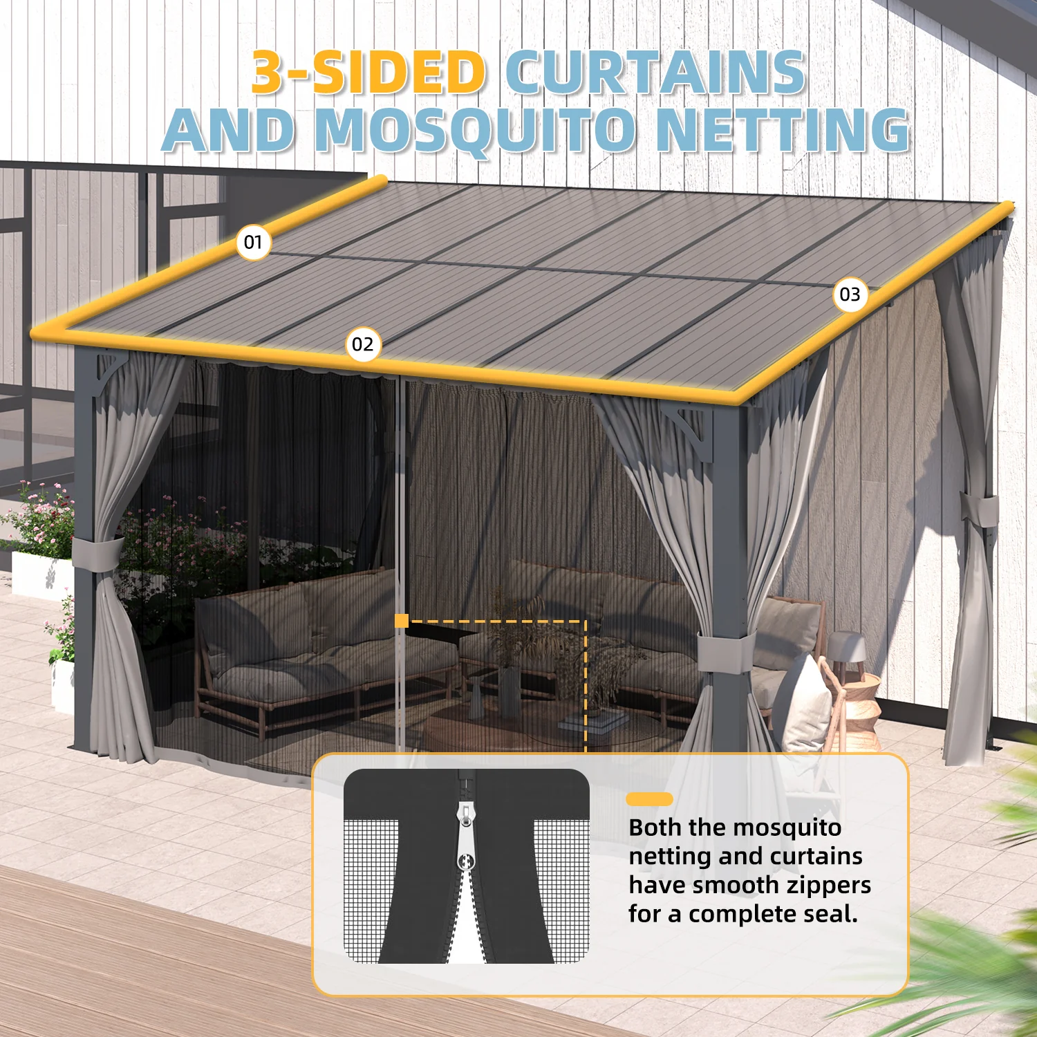 AECOJOY 12'x8' Wall Gazebo with Curtains and Mosquito Netting, Gray