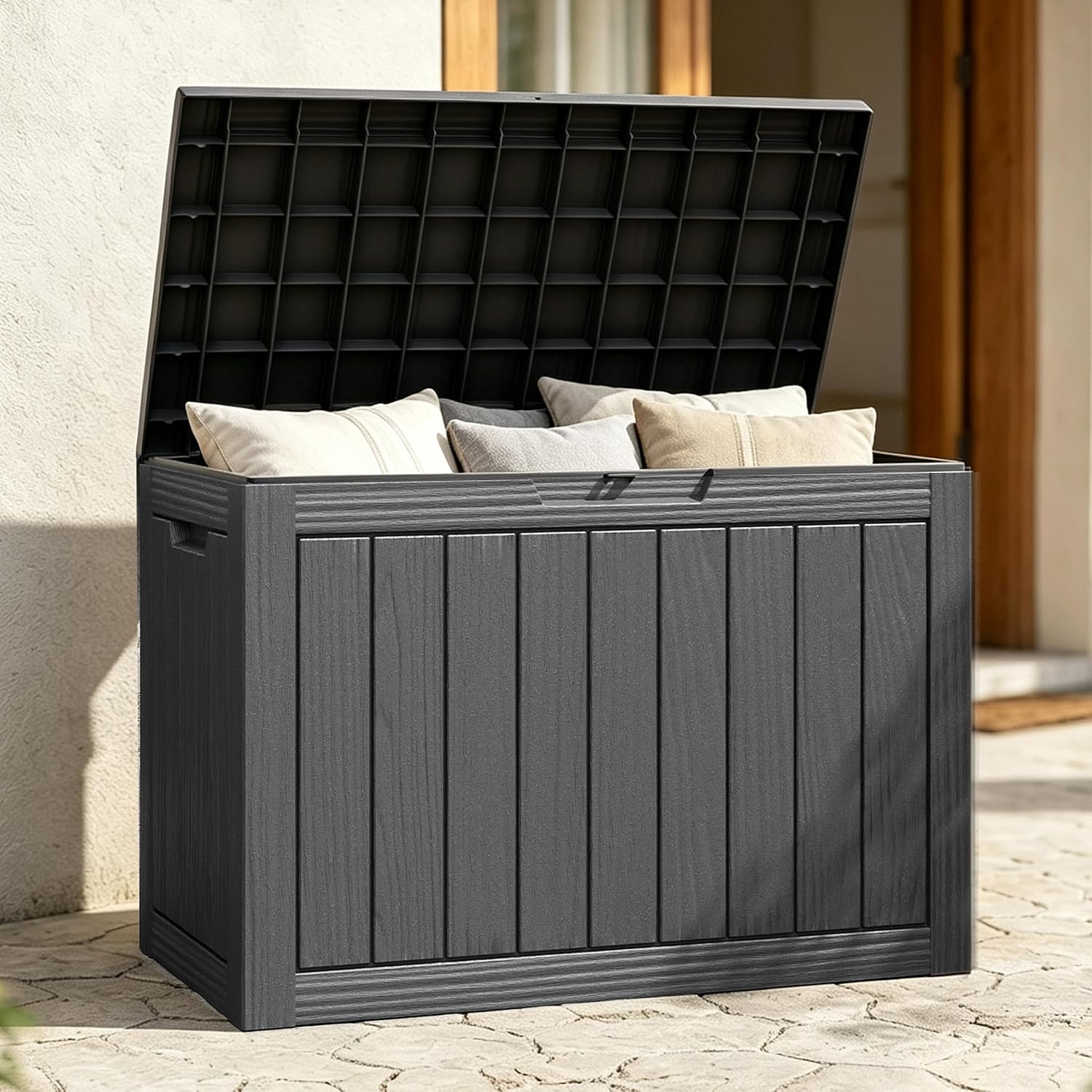Fancyango 50 Gallon Waterproof Deck Box, Resin Outdoor Storage Box, Black