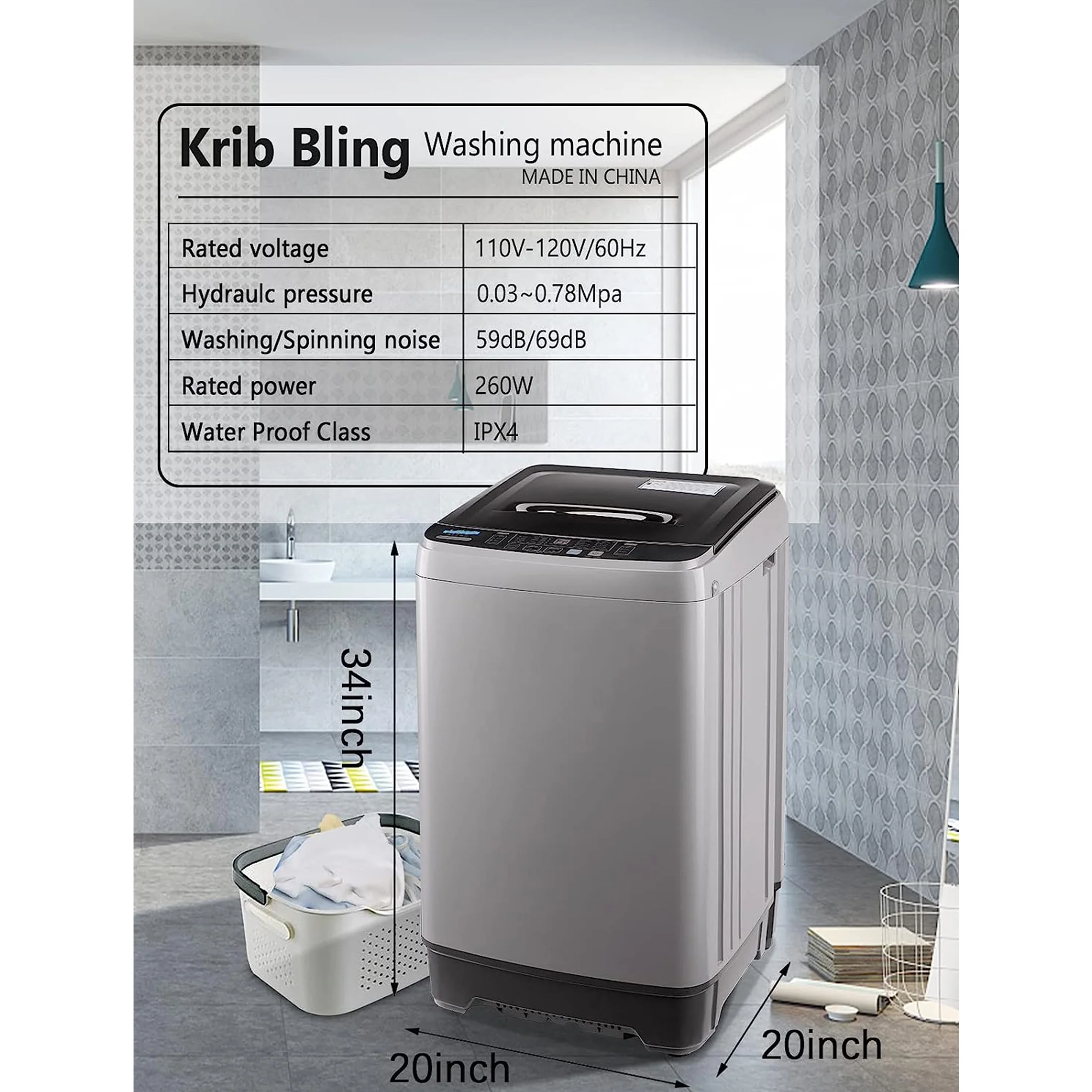 Full-Automatic Washing Machine, Portable Laundry Washer, Compact 17.7 lbs, LED Display, Drain Pump, 10 Wash Programs 8 Water Levels(GREY) - Image 8