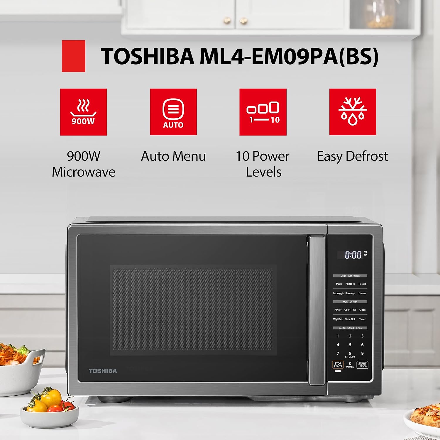 TOSHIBA Countertop Microwave Oven, 0.9 Cu.Ft, 900W, Black Stainless Steel