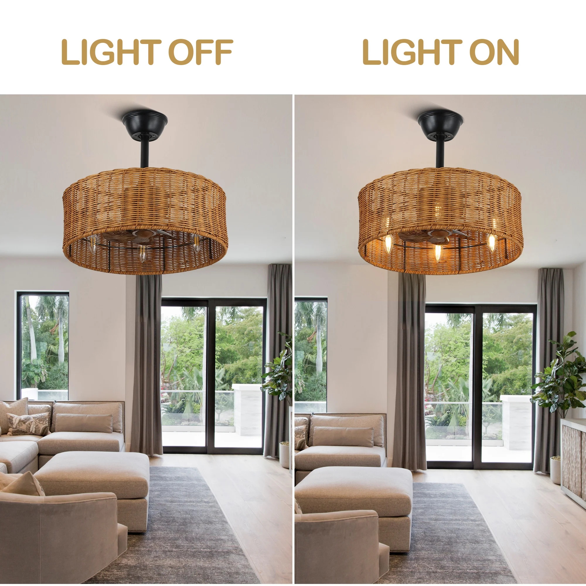 6-Light Bohemian Rattan-Woven Drum Ceiling Fan with Light and Remote Control, Bella Depot Black 3-Speed Chandelier