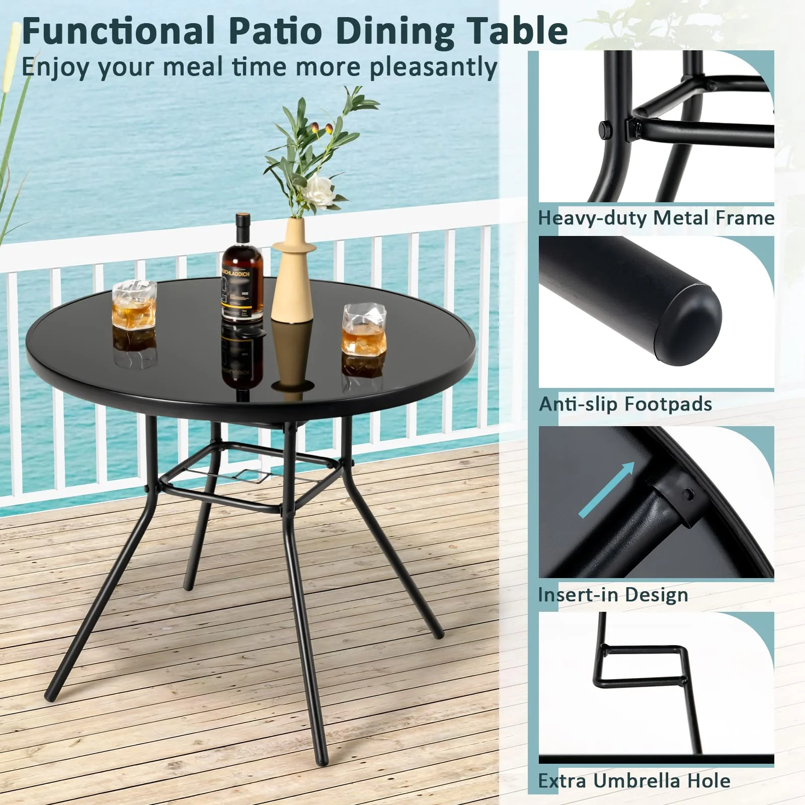 Tangkula 34 Inch Patio Dining Table, Round Tempered Glass Table with 1.5