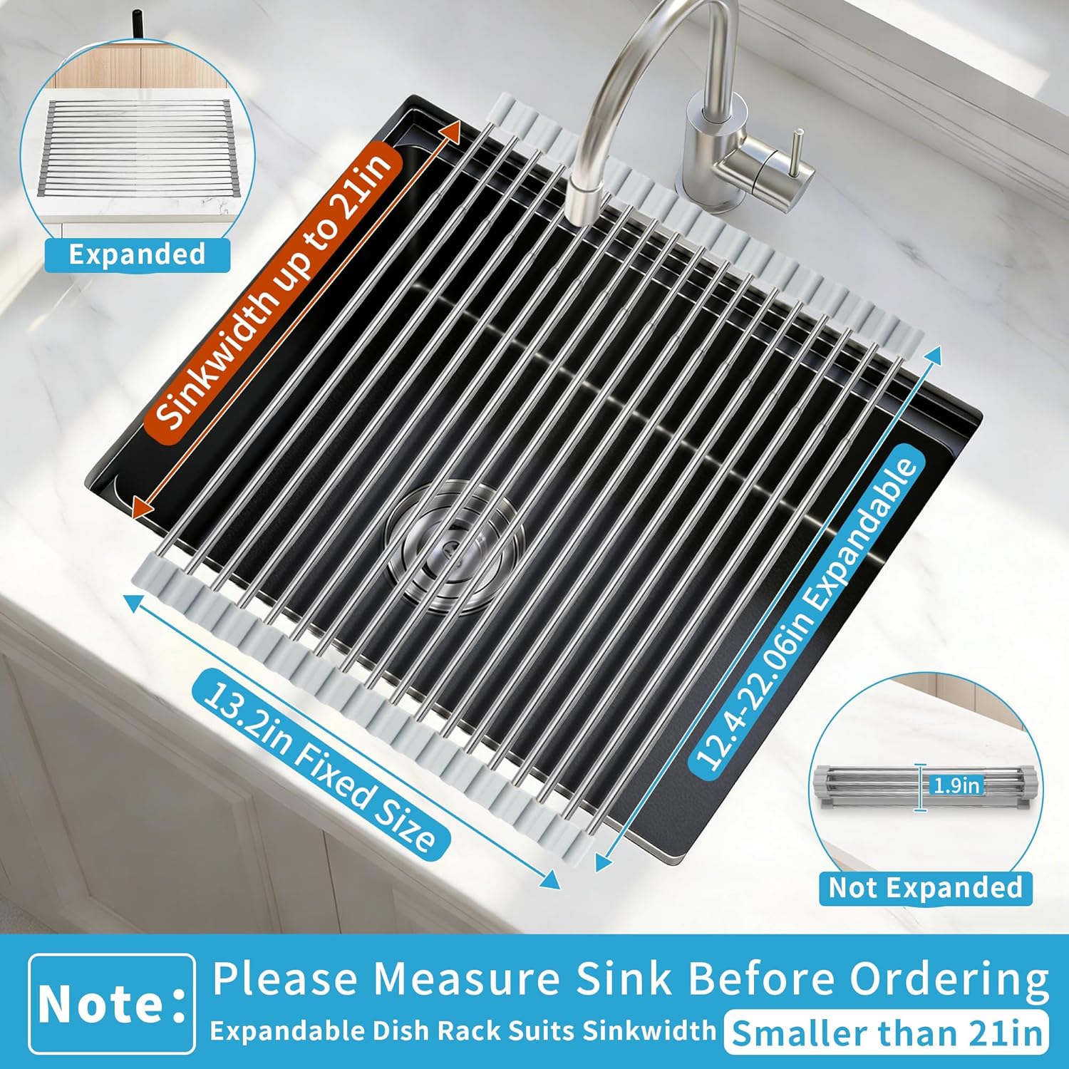 Expandable Roll-UP Dish Drying Rack-Large 304 Stainless Steel Dish Drainer Over The Sink for Kitchen Countertop, Extendable & Rollable & Food Grade (Silver, 22.08'x 13.2')