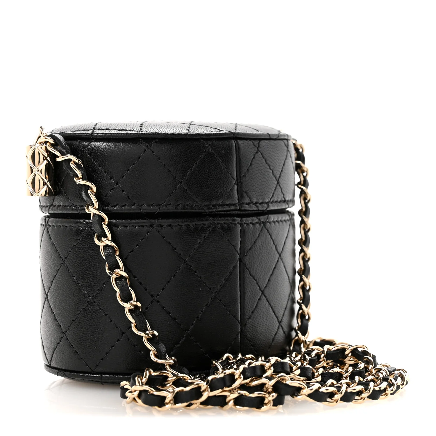 Lambskin Quilted Mini Round Vanity Case With Chain Black