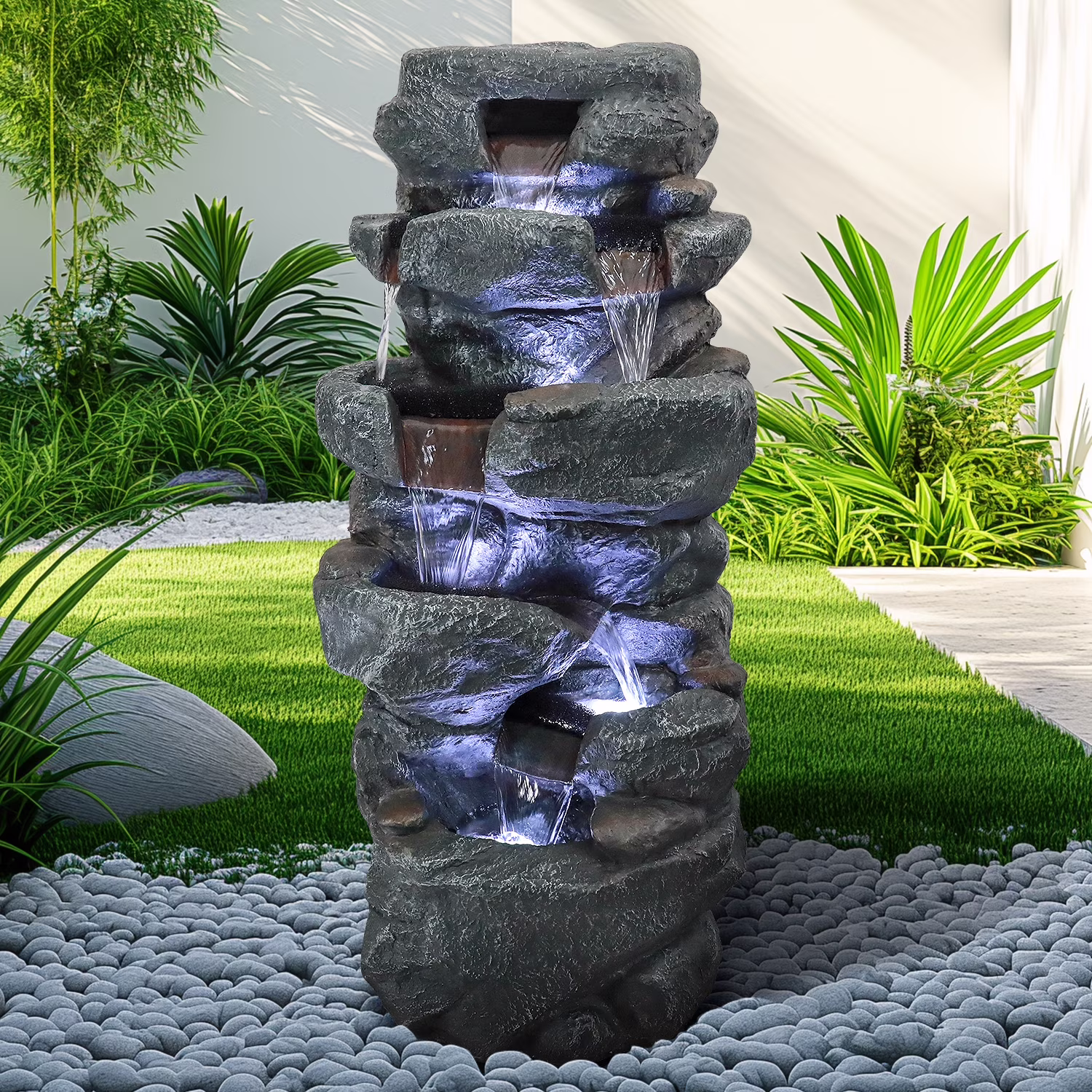 SunJet 40.5 Rock Water Fountain w/LED Lights - Outdoor 6-Tier Waterfall Fountain  for Garden Decor