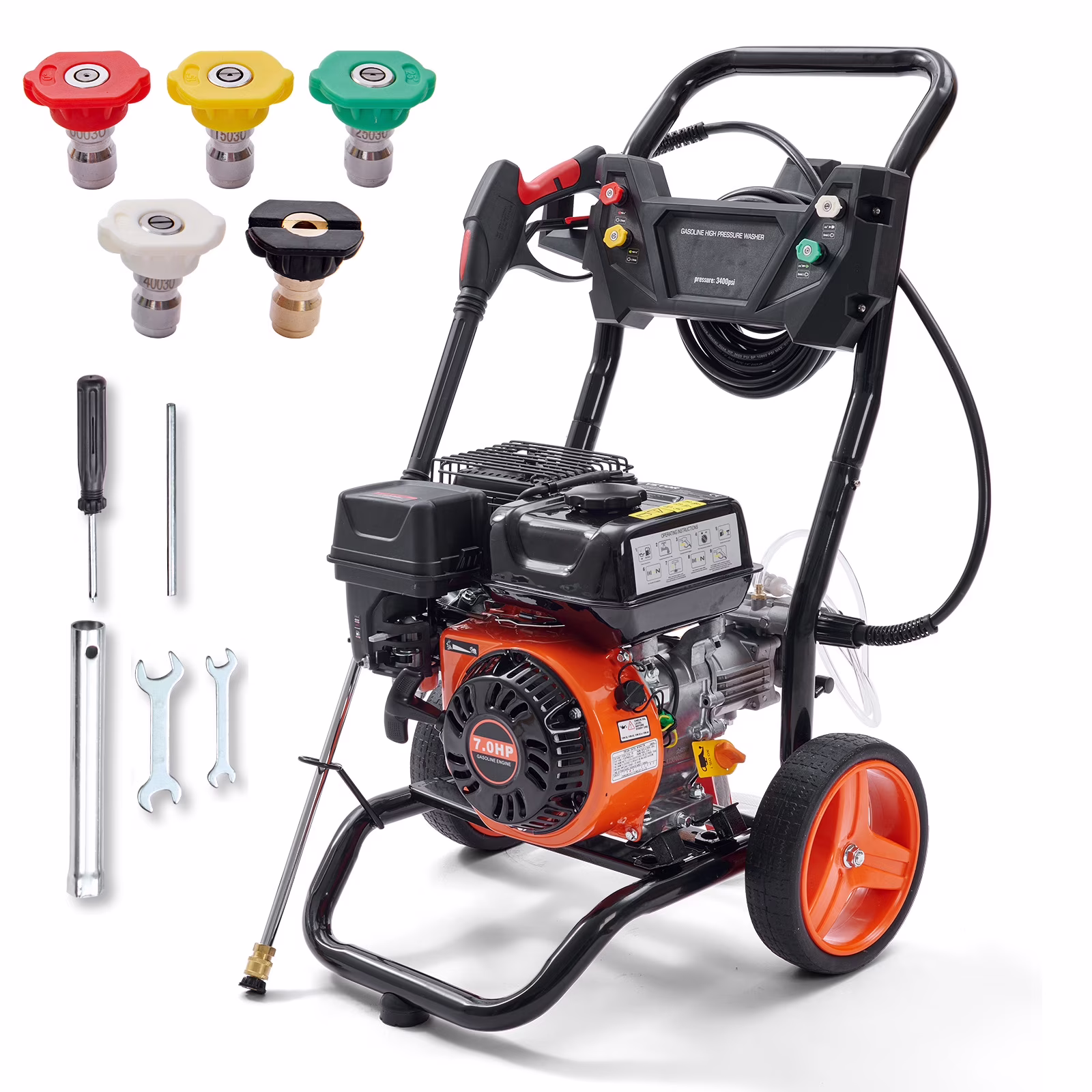 KFFKFF 3400 PSI 2.6 GPM Gas Pressure Washer, Equipped with 26 Ft High Pressure Hose, 5 Quick Connect Nozzles, Spray Gun and Extension Wand, Suitable for Washing Vehicles, Residences, Driveways