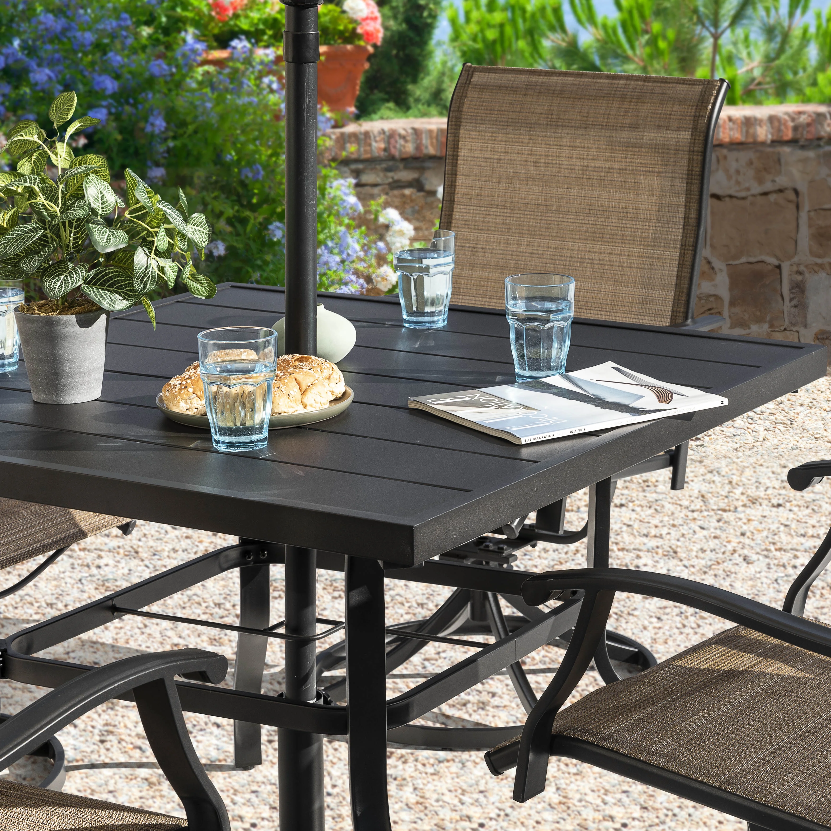 5 Piece Outdoor Patio Dining Set, Metal Patio Furniture Set 4 Textilene Swivel Chairs and 37" Square Iron Umbrella Dining Table,Black and Brown(4 Seats-37" Square Table) - Image 5