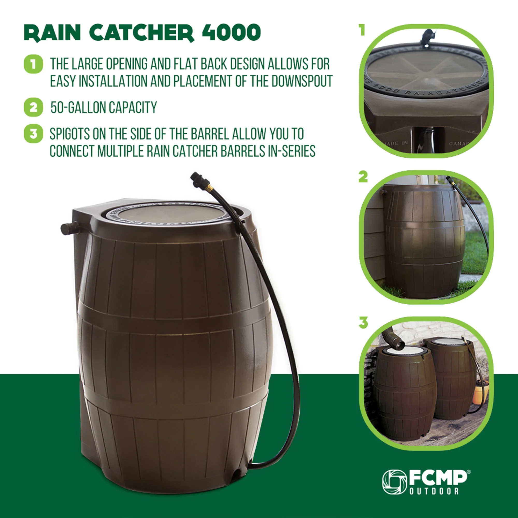 FCMP Outdoor RC4000 Raincatcher 50 Gallon Rain Catcher Barrel, Brown