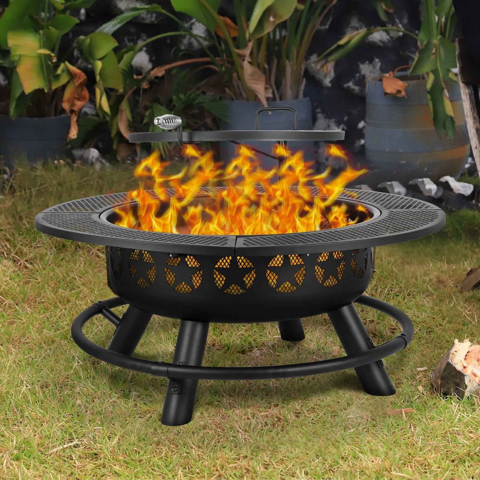 Hykolity 35 Inch Fire Pit with Cooking Grate Charcoal Pan, Outdoor Wood Burning BBQ Grill Firepit Bowl with Cover Lid, Steel Round Table for Backyard Bonfire Patio Picnic Image 7