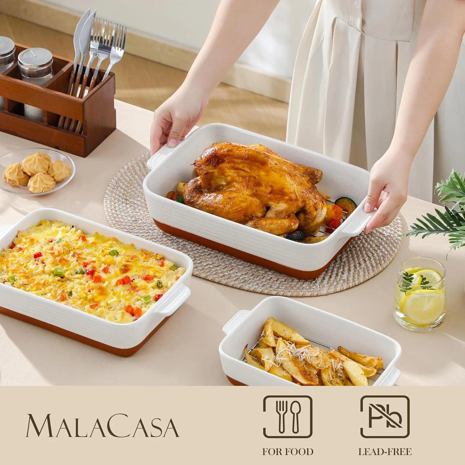 Casserole Dishes for Oven with Roasting Racks, Ceramic Baking Dishes Set of 3, Baking Pan Casserole Dish Set, Rectangular Lasagna Pan Deep with Handles for Baking, Khaki White (14.5''/13''/10.5''),(With Racks)
