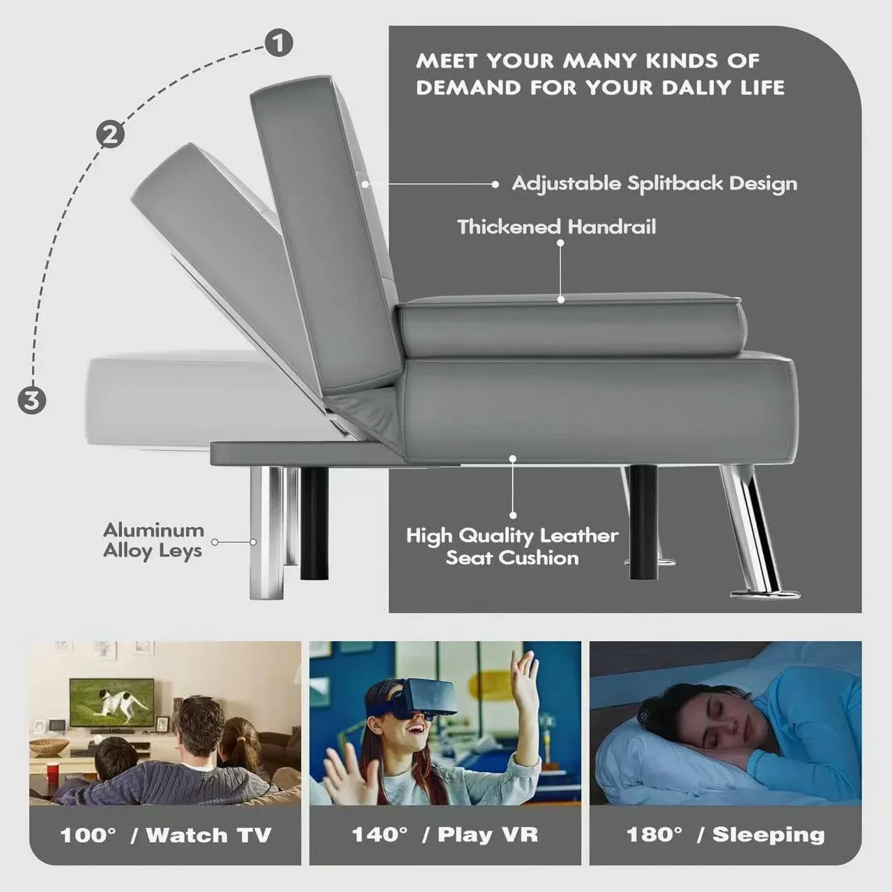 Canapé-lit futon Homall en cuir avec accoudoirs et fauteuil inclinable réglable