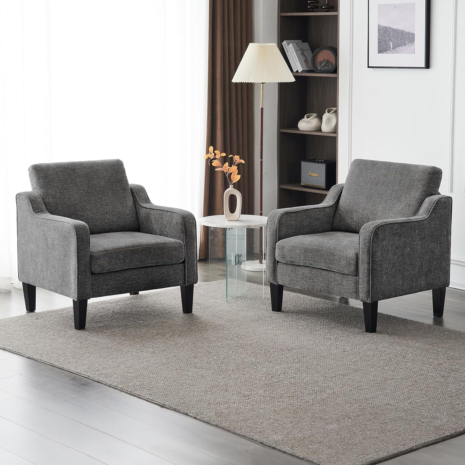 VINGLI Mid Century Modern Chenille Comfy Armchair, Creamy White
